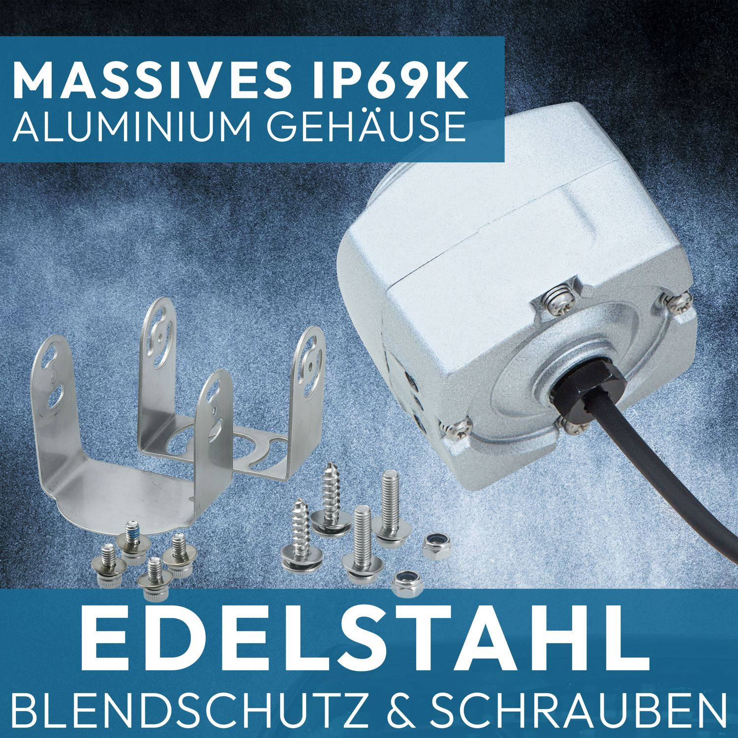 Aluminium IP69K-Gehäuse mit Edelstahlschrauben und Halterung. Text: Edelstahl.