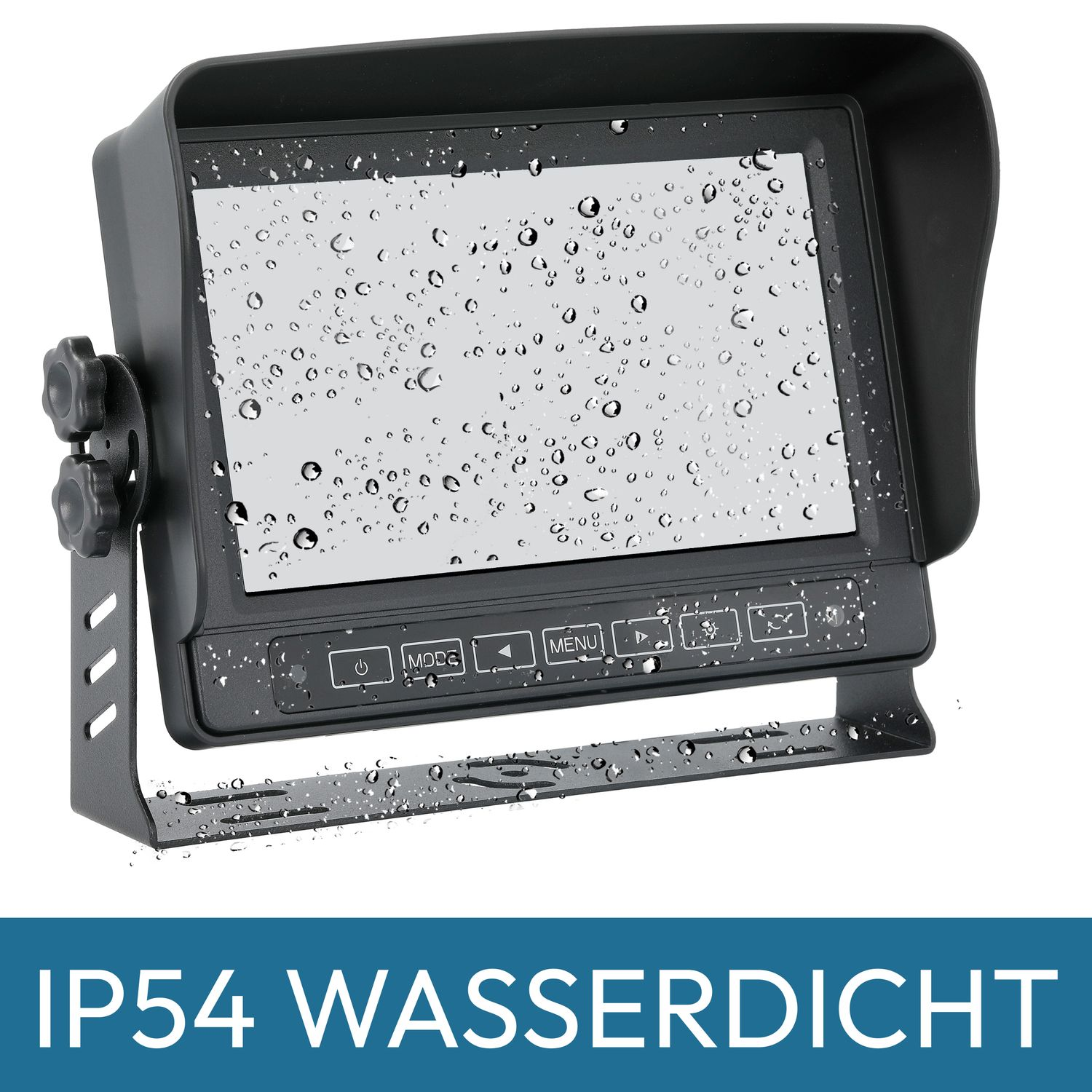 Monitor mit Regentropfen, Text IP54 WASSERDICHT.