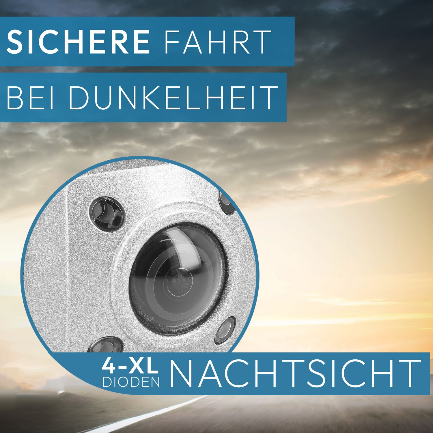Eine Autokamera in einem Kreis mit Text über Nachtsicht und Sicherheit.