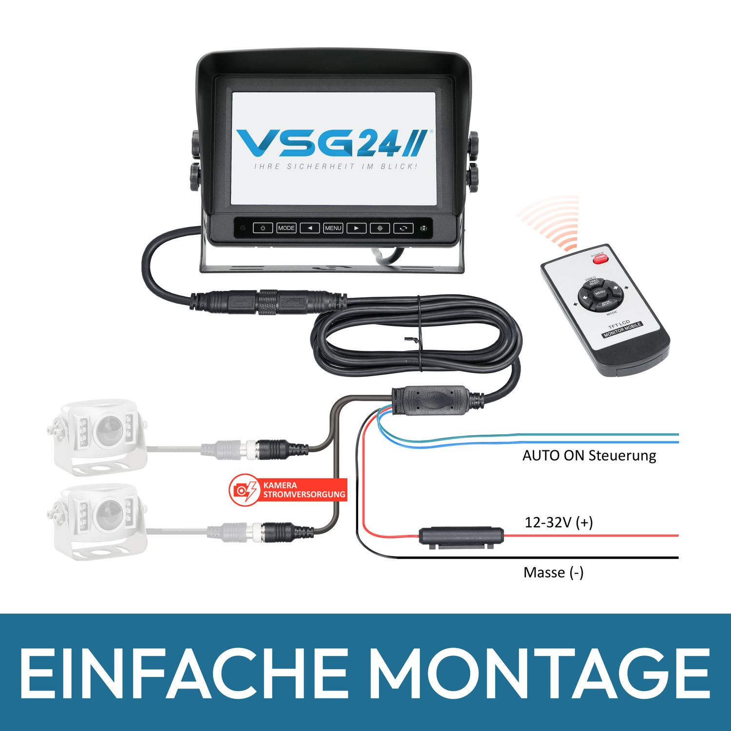 Diagramm eines Fahrzeugkamerasystems mit Verkabelung und Fernbedienung.