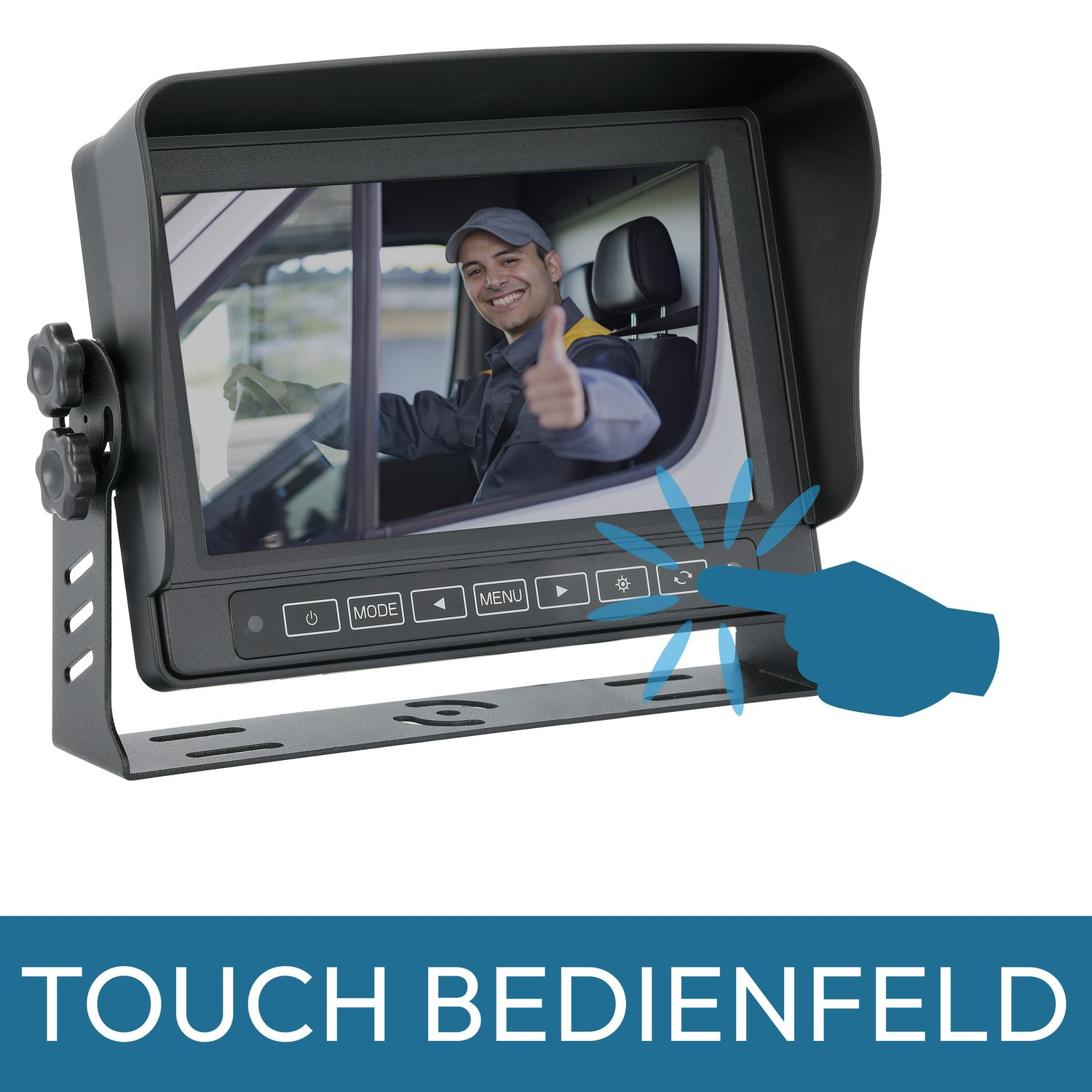 Ein Auto-Monitor zeigt Daumen hoch vom Fahrer. Eine blaue Hand berührt das Touchpanel.