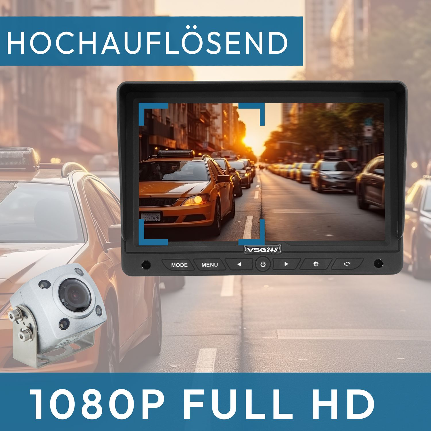 Rückfahrkamera-Bildschirm zeigt Straße mit Autos. Text: 1080P FULL HD und HOCHAUFLÖSEND.