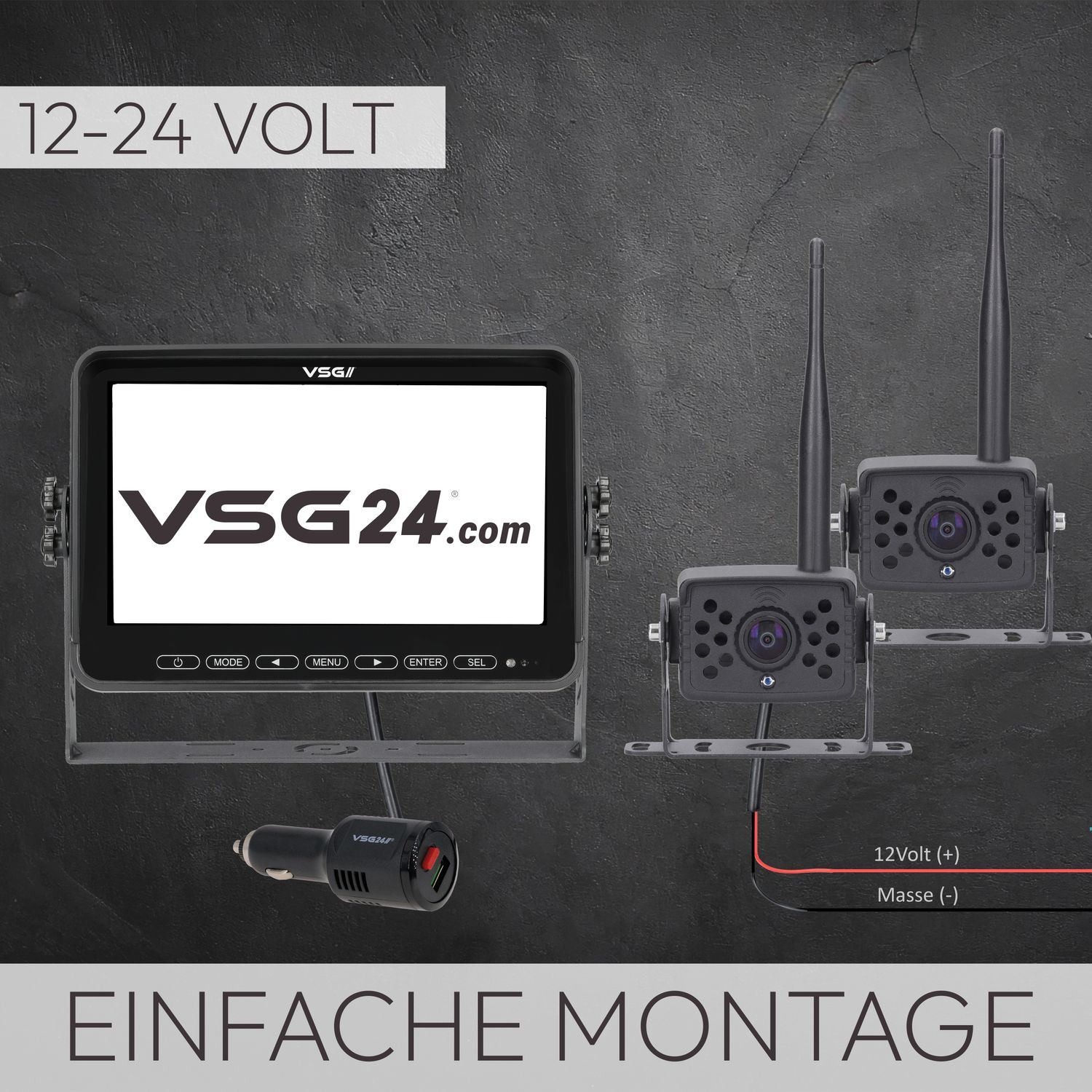 VSG24-Monitor und zwei schwarze Kameras mit Antennen sowie ein Autoladegerät.
