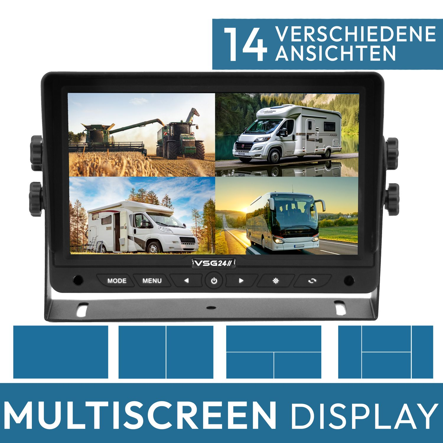 Multiscreen-Display mit Fahrzeugansichten. Vier verschiedene Szenen: Mähdrescher, Wohnmobil, Wohnwagen und Bus.