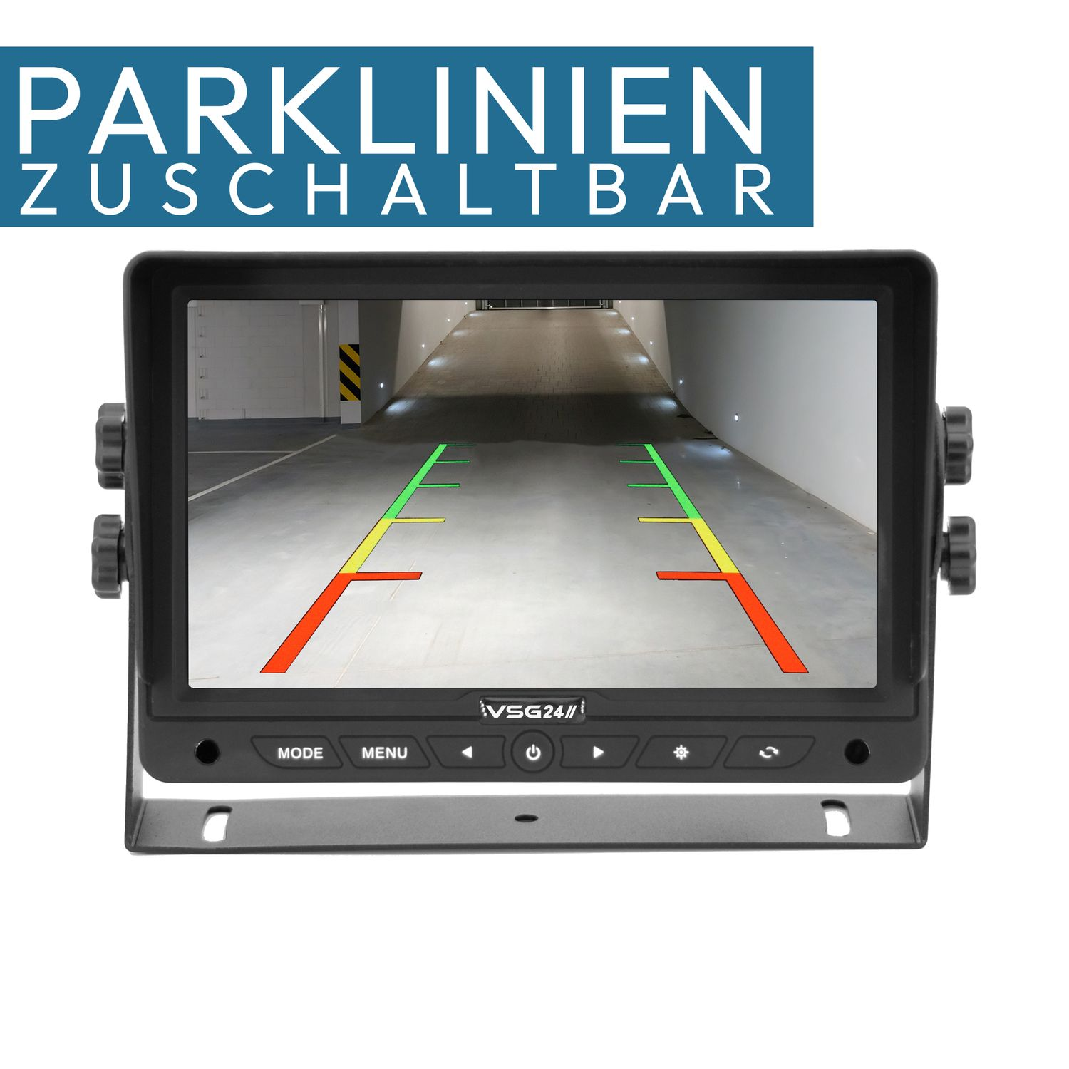 Ein schwarzes Display zeigt eine Parkplatzansicht mit grünen und roten Linien zur Parkunterstützung.