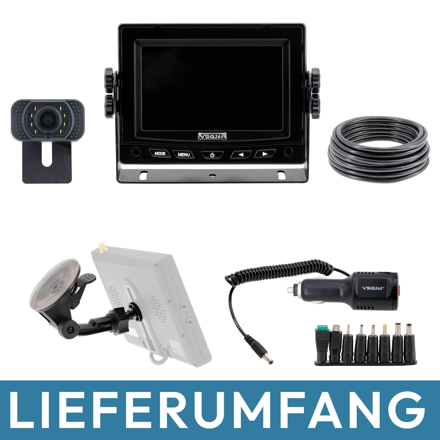 Eine Sammlung von Autozubehör, darunter eine Kamera, ein Monitor und Kabel, wird angezeigt.