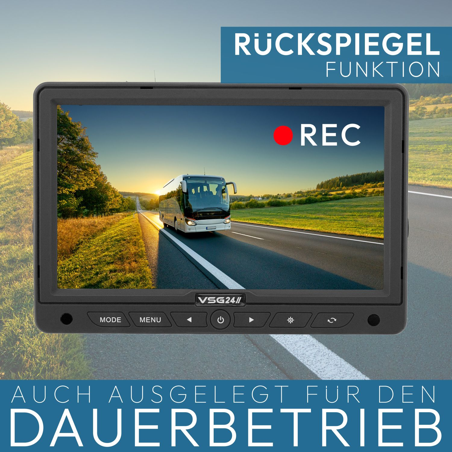 Ein Auto-Monitor, der einen Bus auf einer Straße mit REC anzeigt.