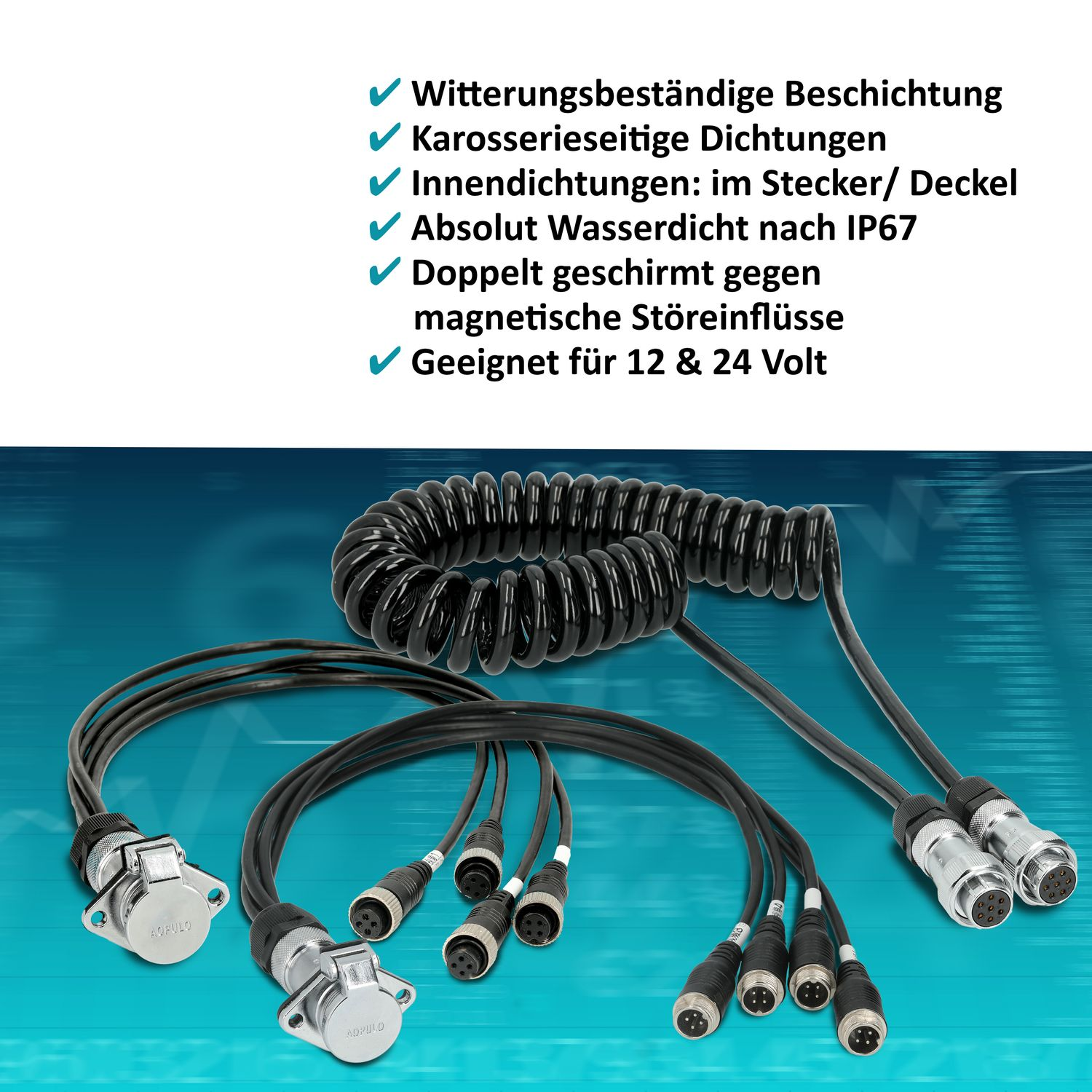 Ein Bündel schwarzer Kabel mit Steckern und Text: „Geeignet für 12 & 24 Volt“.