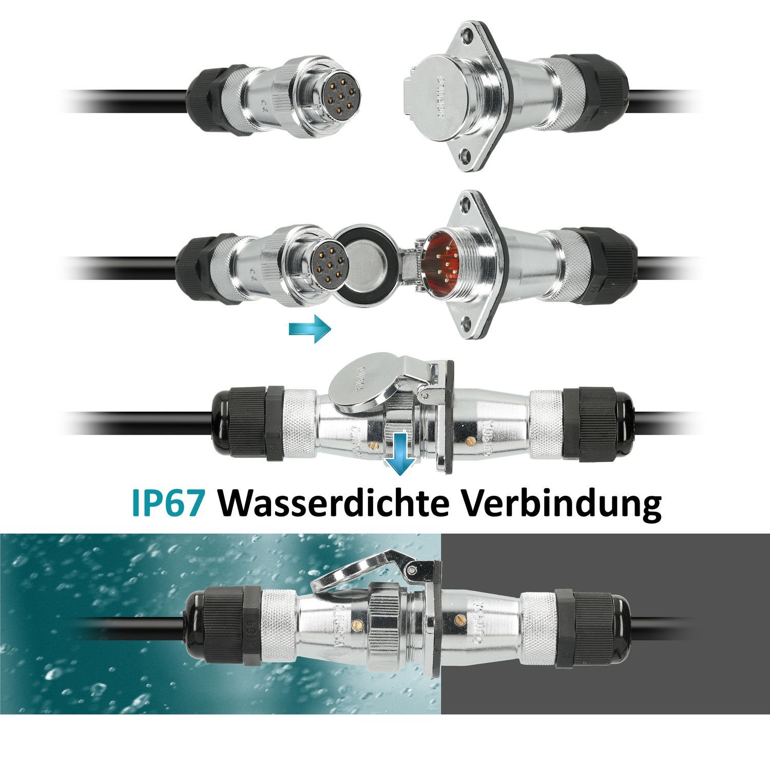 Elektrische Stecker in verschiedenen Stadien montiert, wasserdichte Verbindung zeigend.