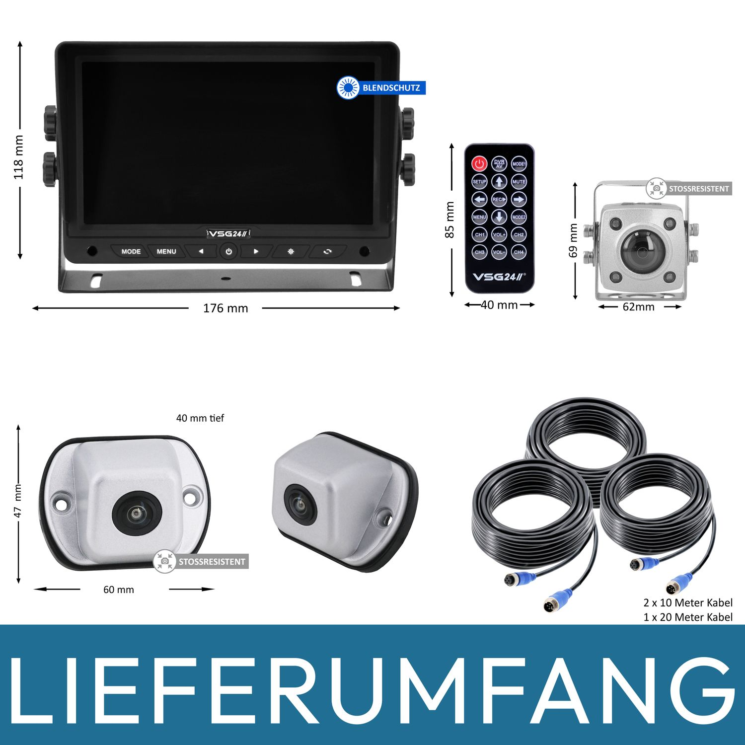 Ein Display, eine Fernbedienung und eine Kamera mit Kabeln und Montagezubehör werden gezeigt.