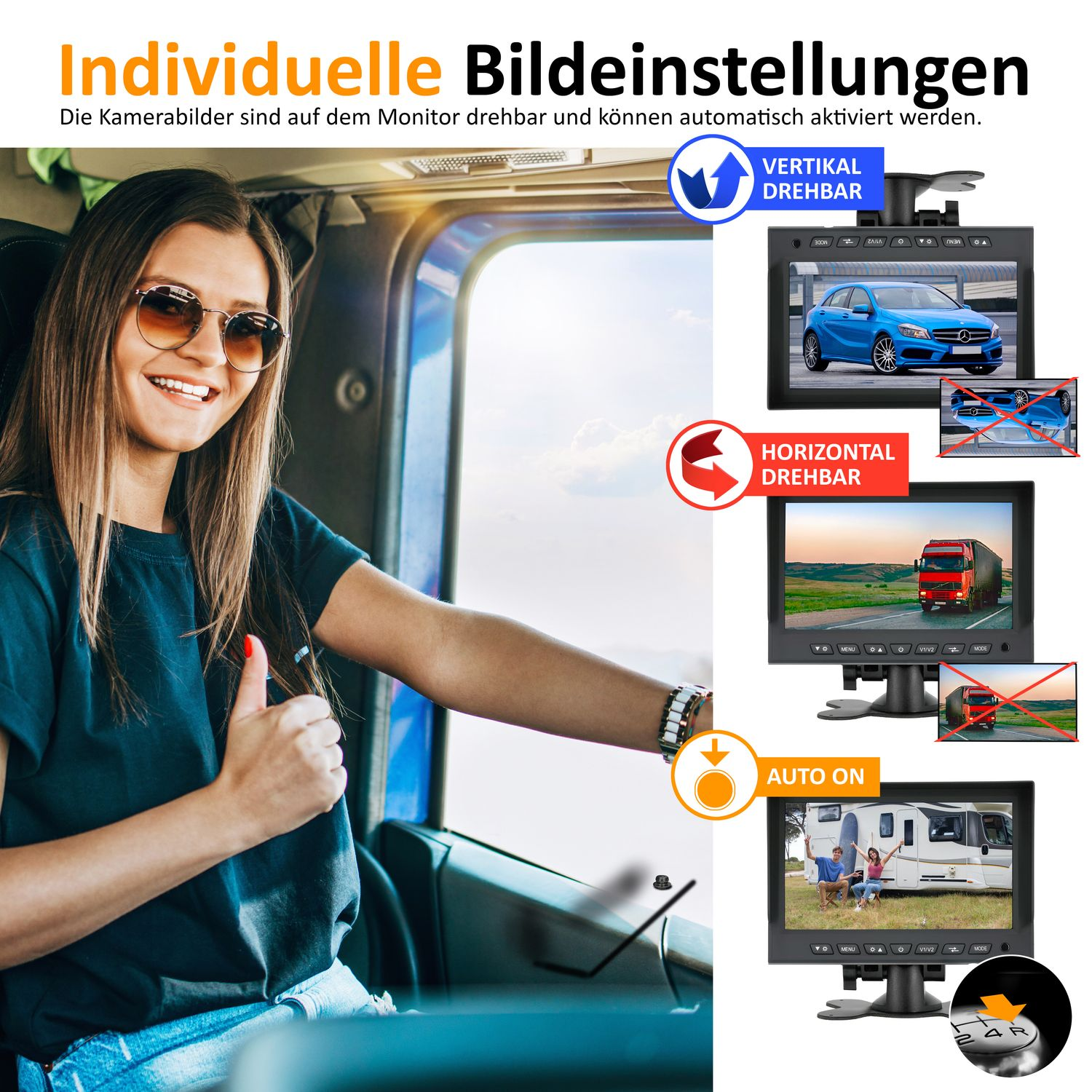 Eine Frau im Auto lächelt, zeigt auf verschiedene Bildschirmoptionen auf einem Monitor.