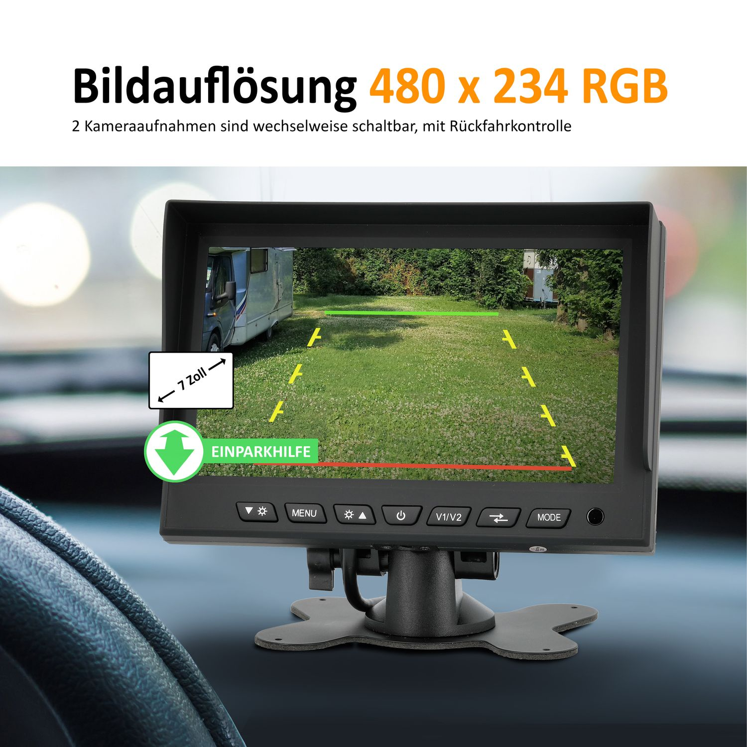 Auto-Armaturenbrett-Bildschirm. Ein Monitor, der eine Ansicht eines grasbewachsenen Bereichs zeigt. Text: Parkassistent.