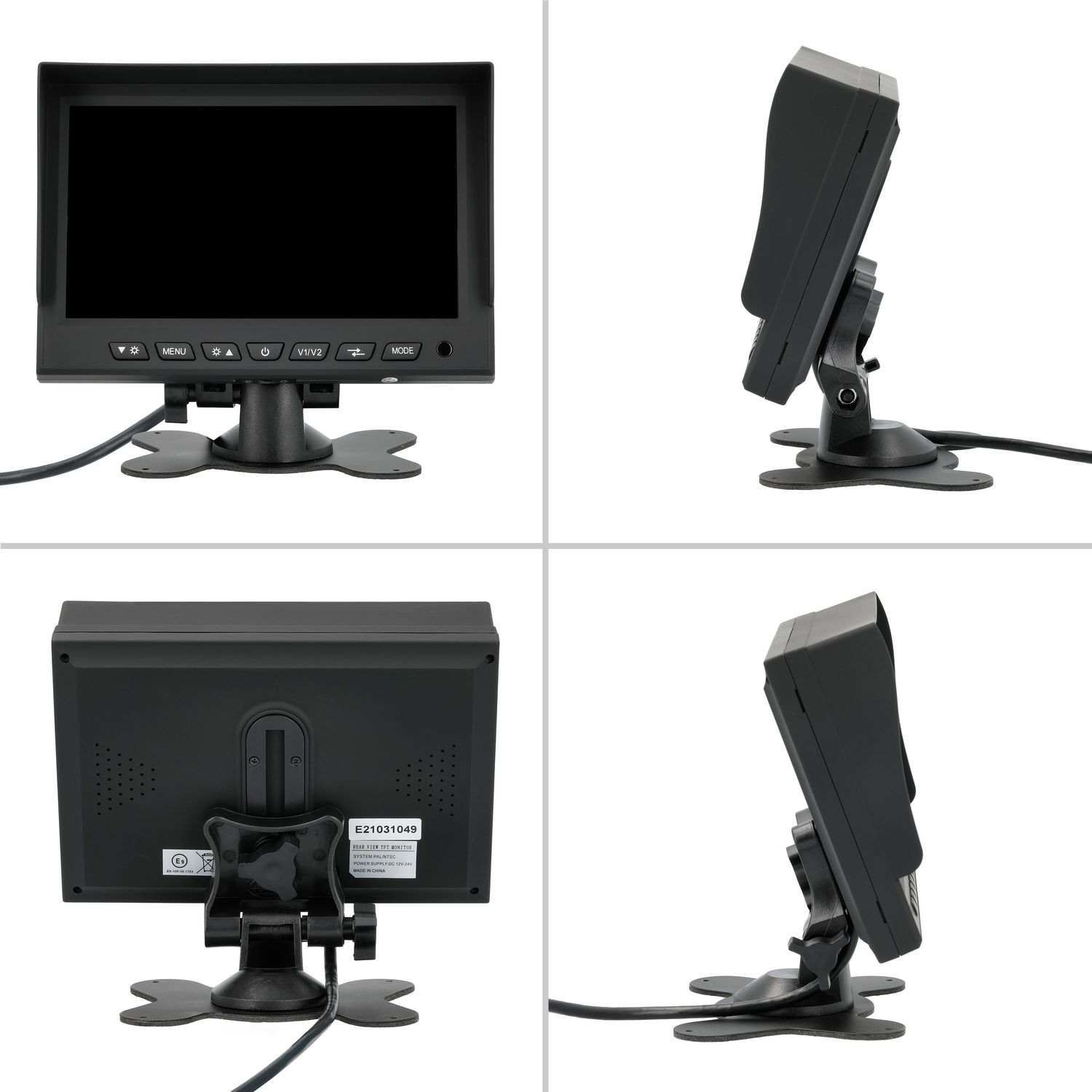 Ein schwarzer TFT-Monitor mit Knöpfen und Ständer. Er hat einen leeren Bildschirm und ein Etikett auf der Rückseite. Der Hintergrund ist weiß.