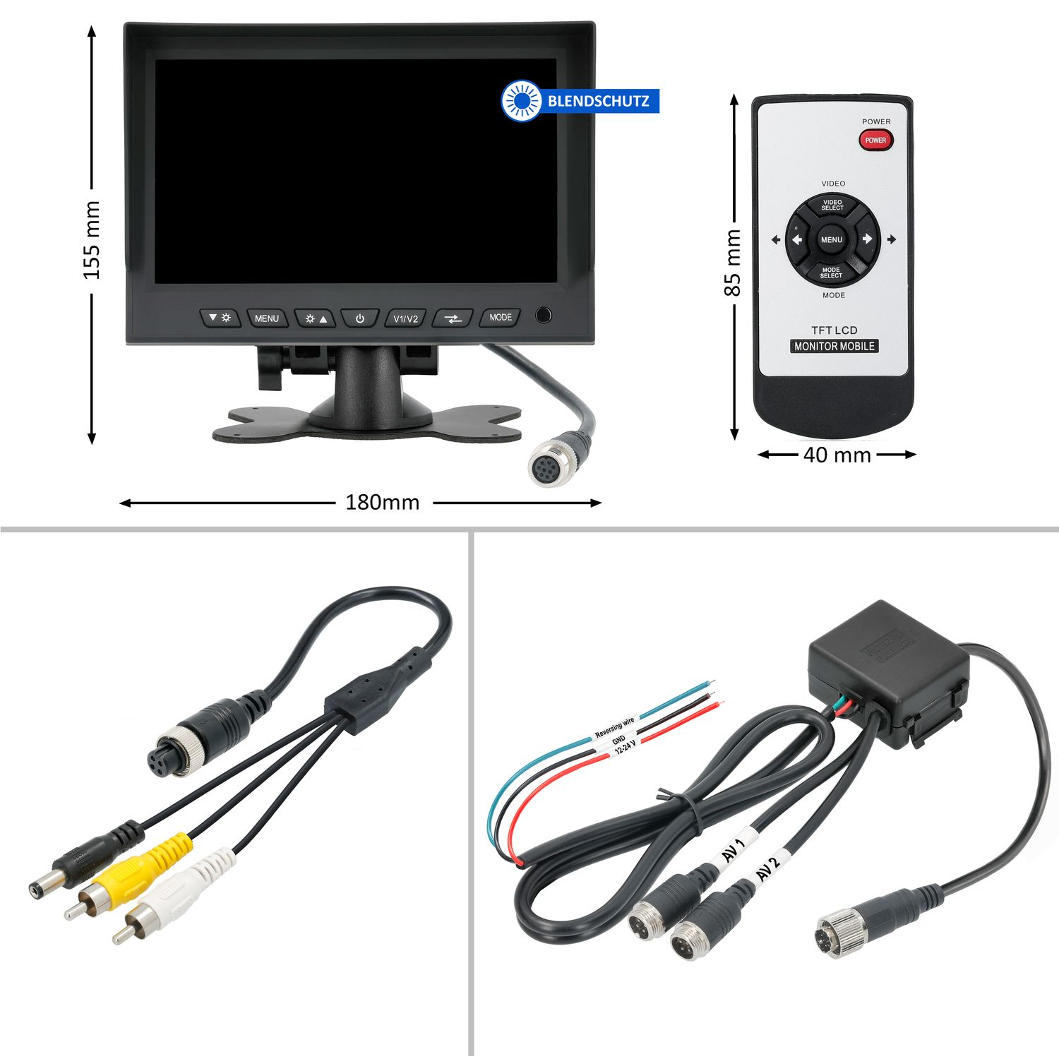 Nahaufnahme eines Auto-Monitors und einer Fernbedienung. Enthält auch Verkabelung und Anschlüsse.