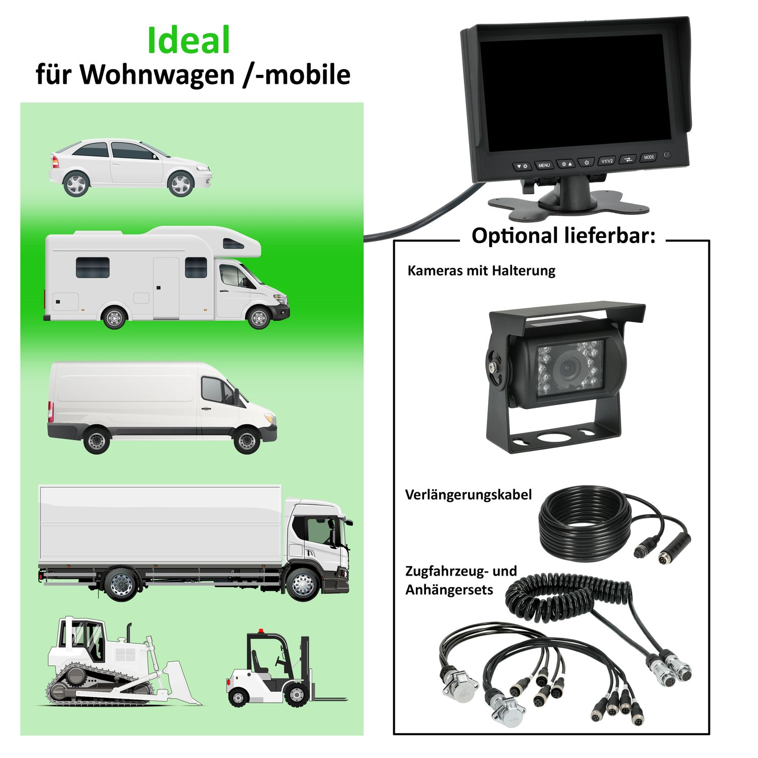 Bild mit Monitor, Fahrzeugen und Zubehöroptionen.