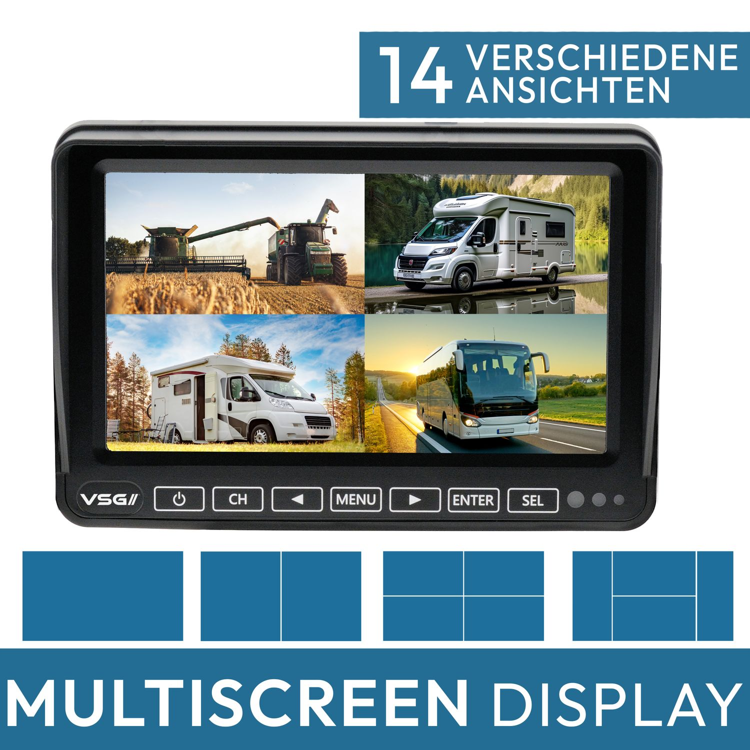 Multiscreen-Display mit Fahrzeugansichten. Vier verschiedene Szenen: Mähdrescher, Wohnmobil, Wohnwagen und Bus.
