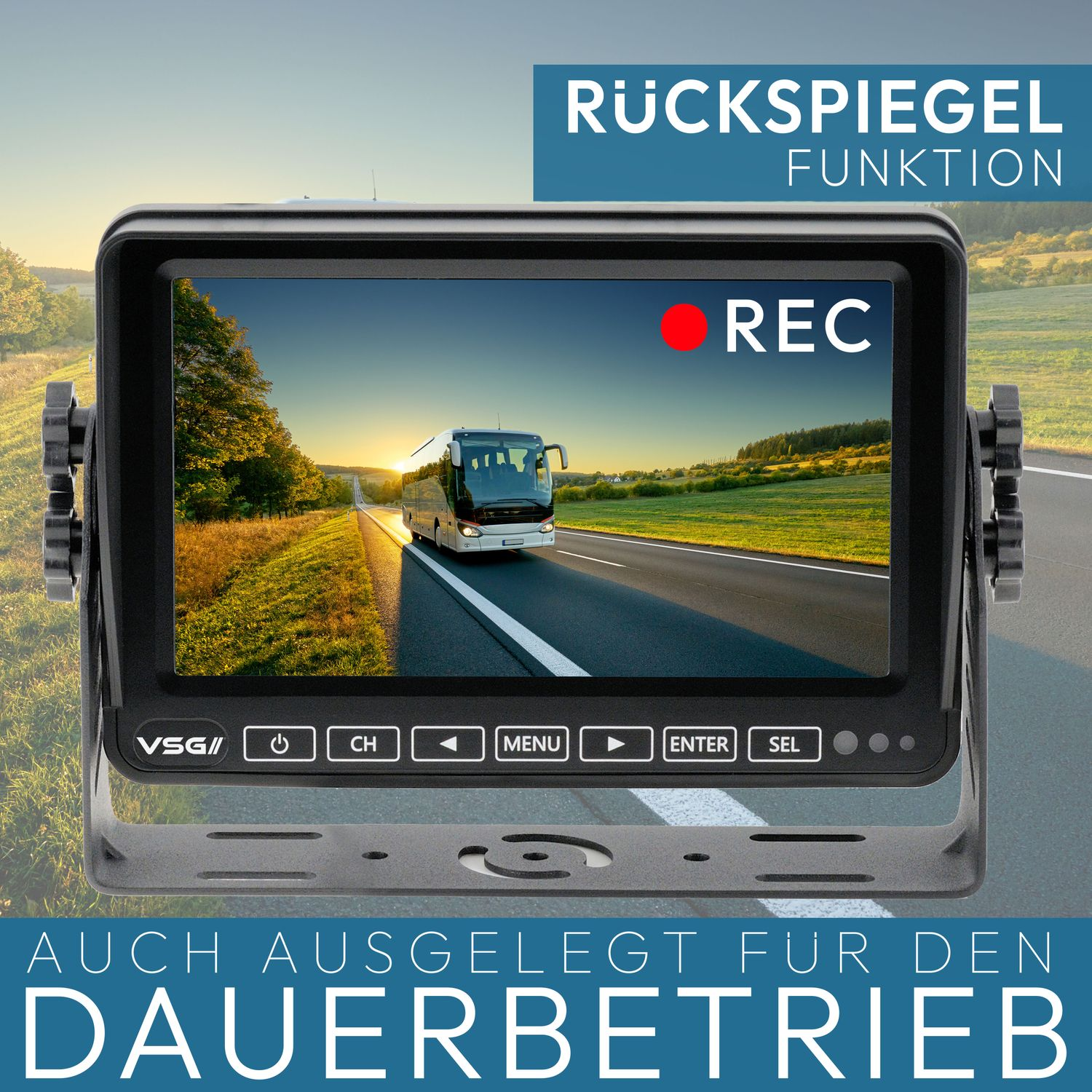 Rückfahrkamera, die einen Bus auf einer Straße zeigt.