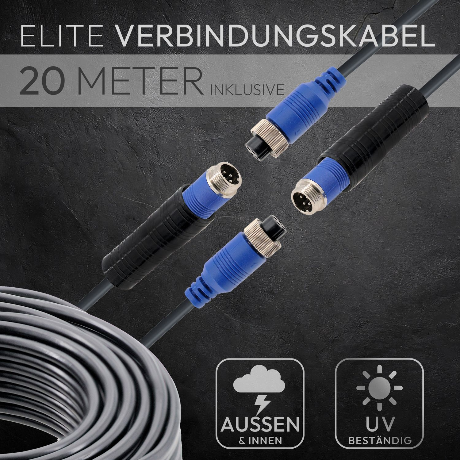 Kabel mit Steckern, Nahaufnahme auf schwarzem Hintergrund. Text zeigt Außen- und UV-Beständigkeit.