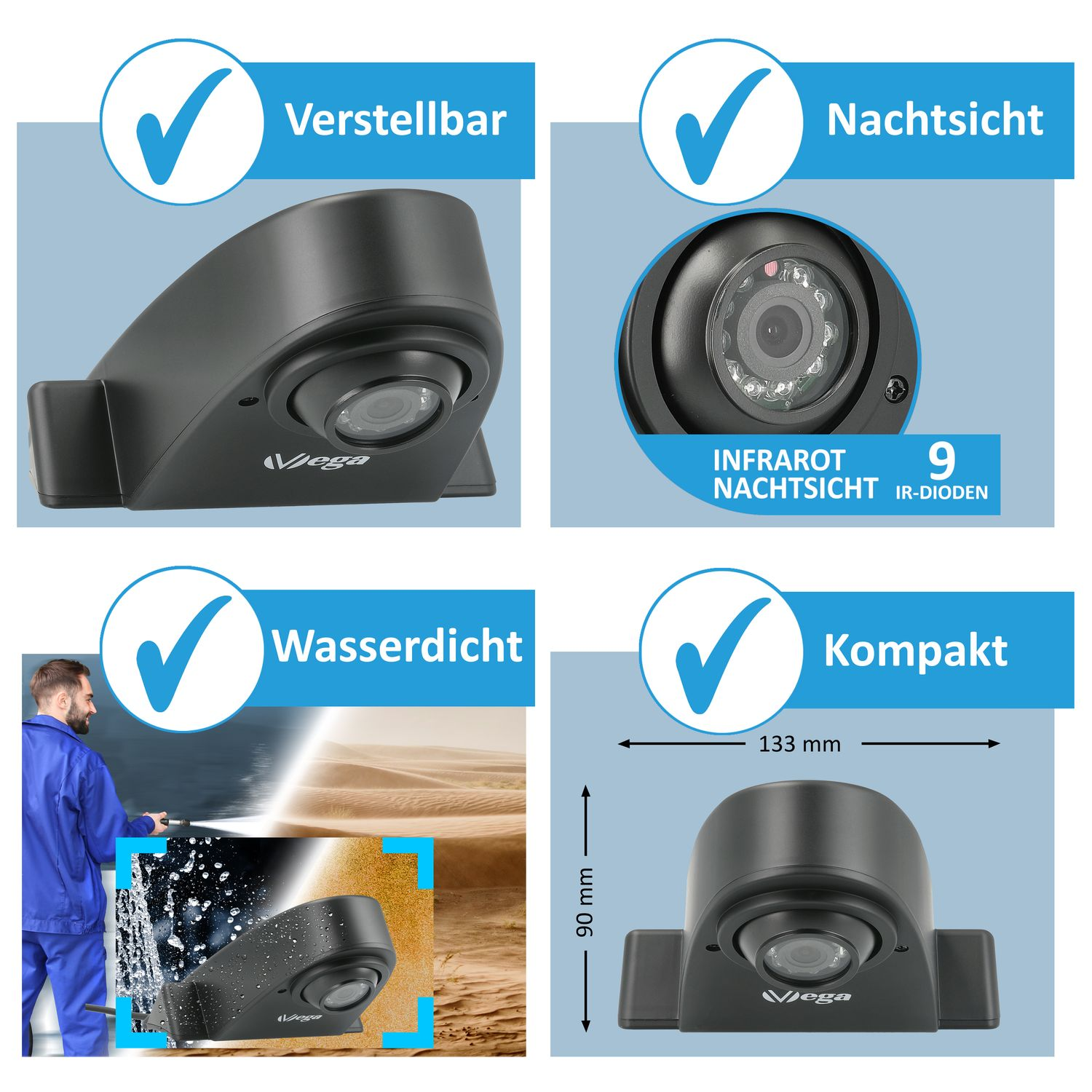 Vier Bilder einer Autokamera mit Funktionen wie einstellbar, Nachtsicht, wasserdicht und kompakt.