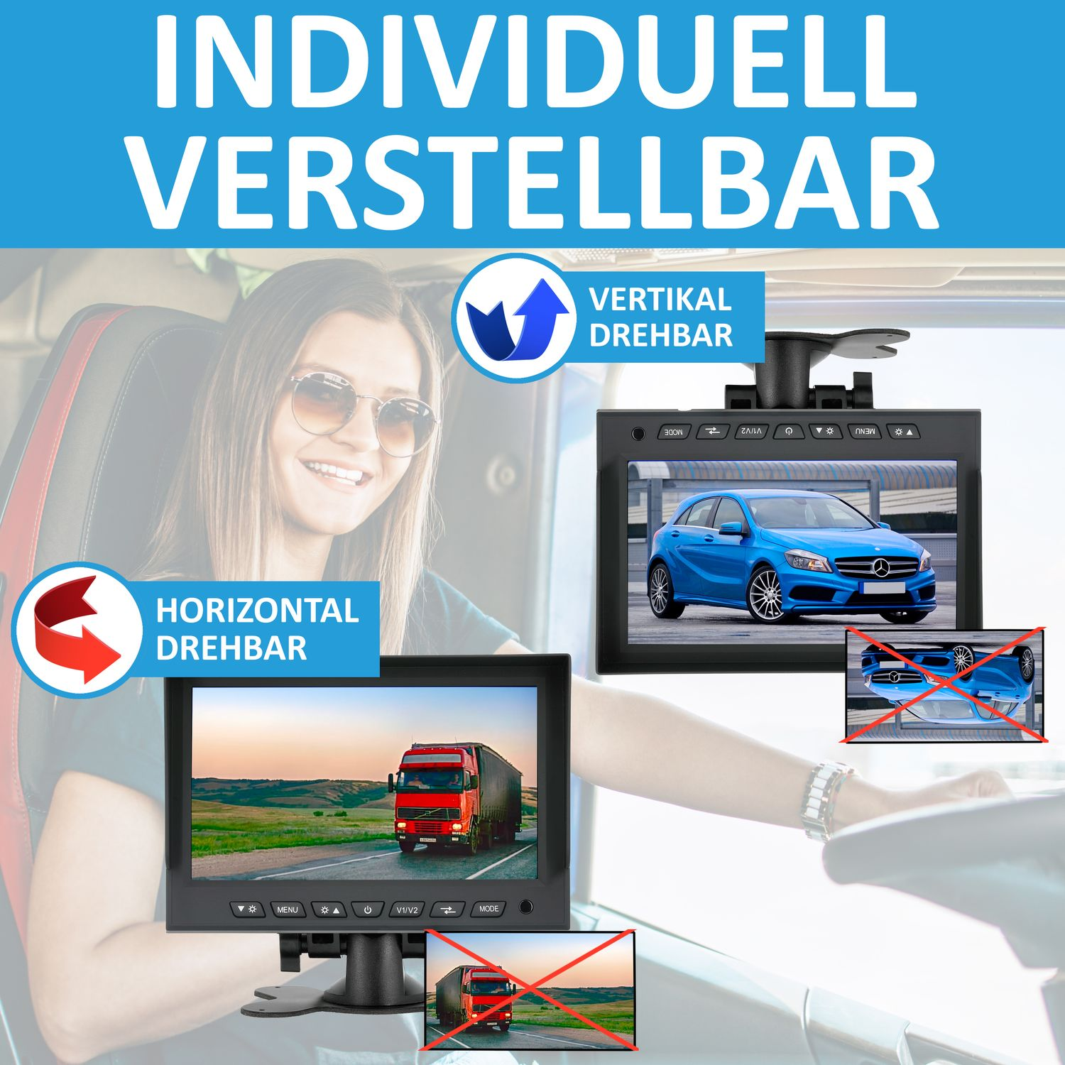 Das Bild zeigt einen Auto-Monitor mit Richtungen. Der Text zeigt, dass er einstellbar ist und eine vertikale und horizontale Richtung hat.