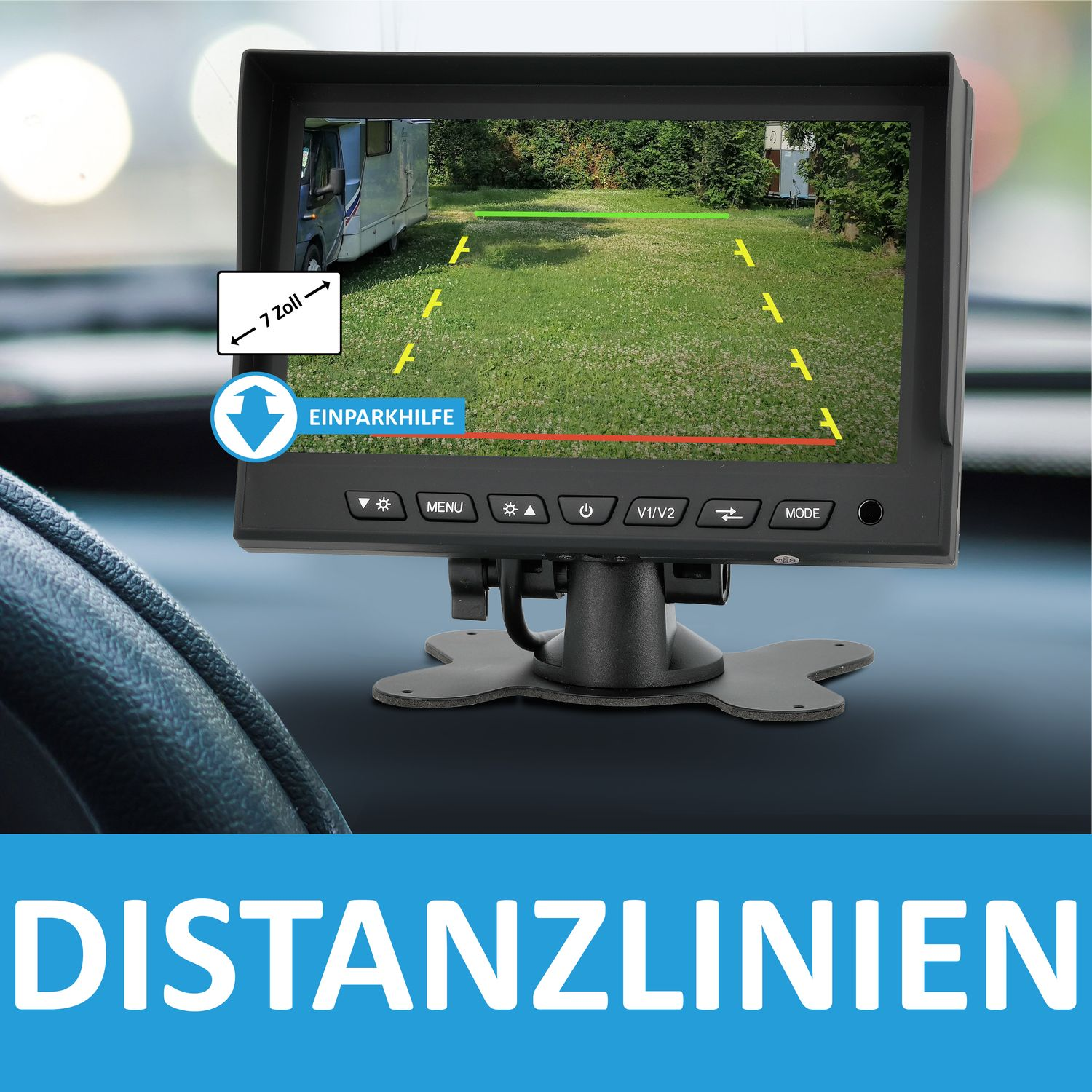 Ein Monitor einer Rückfahrkamera, der die Sicht hinter einem Fahrzeug mit Parklinien anzeigt.