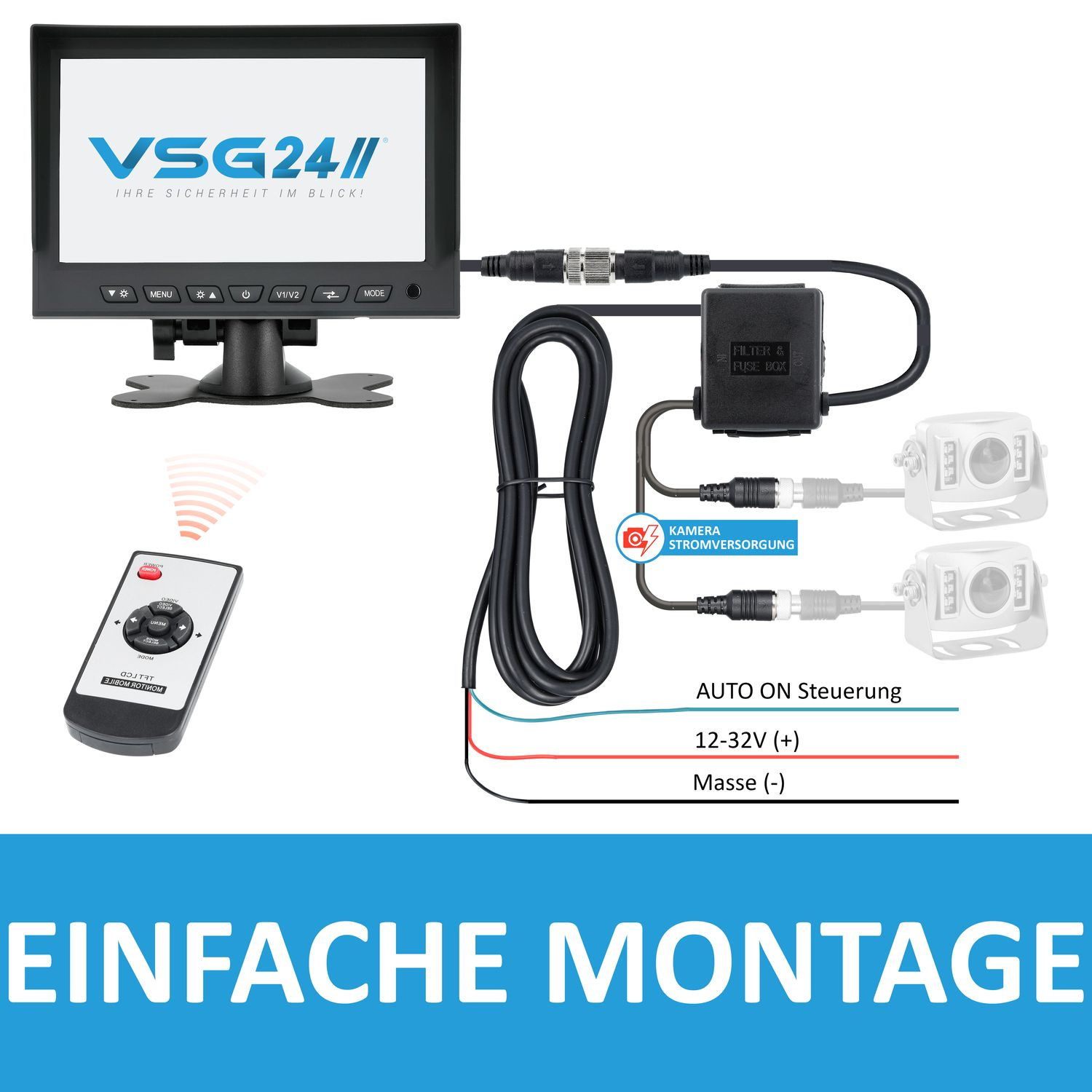 Ein Auto-Rückfahrkamerasystem, einschließlich Monitor, Fernbedienung und Schaltplan.