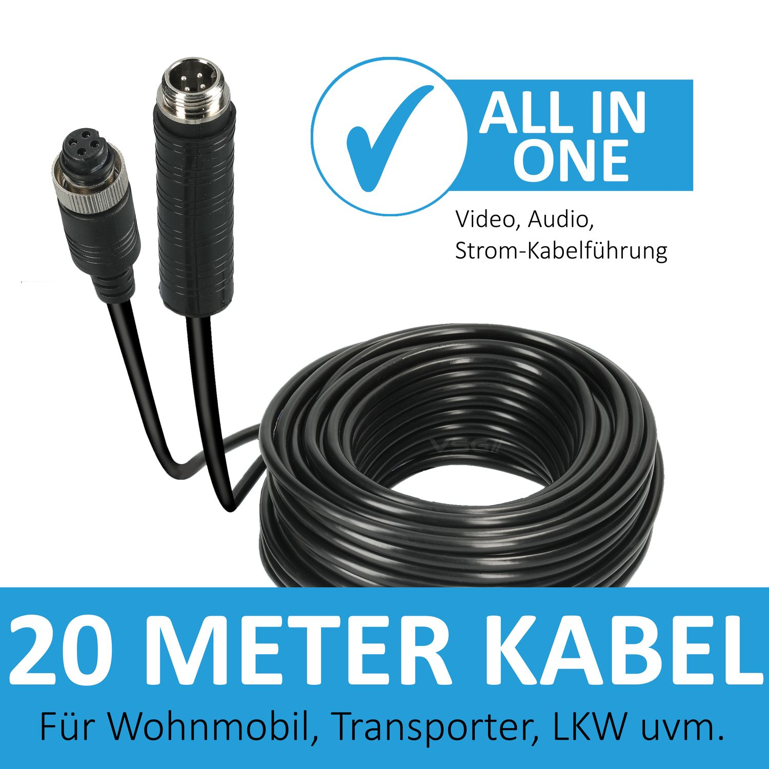 Schwarzes Kabel mit Anschlüssen, beschriftet als 20-Meter-Kabel, Diagrammbeschriftungen und Steckertypen.