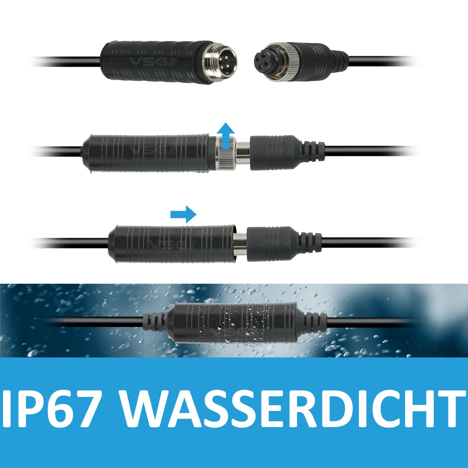 Schwarze Kabelverbinder in Stufen, die den Verbindungsprozess mit Wassertropfen zeigen.