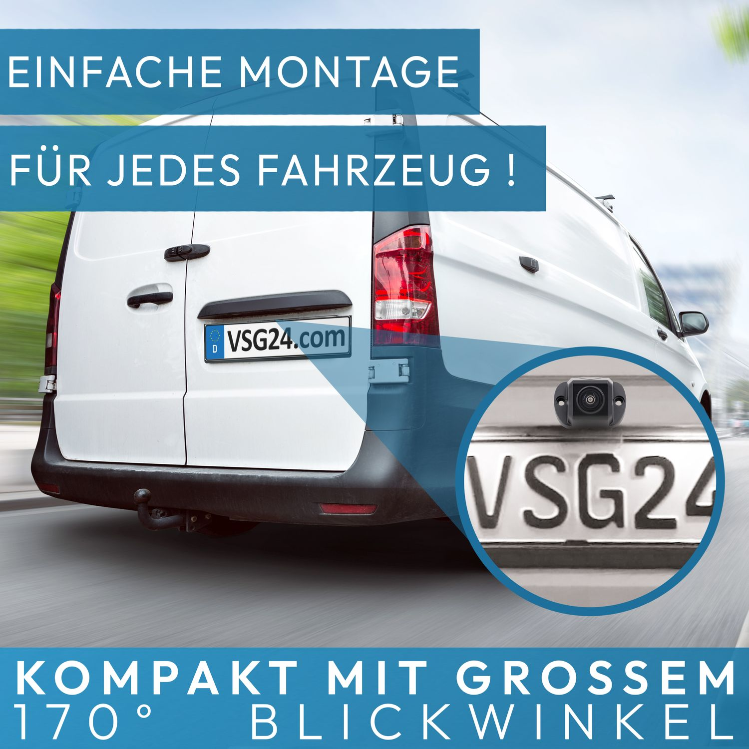Weißer Transporter mit Kamera am Kennzeichen.