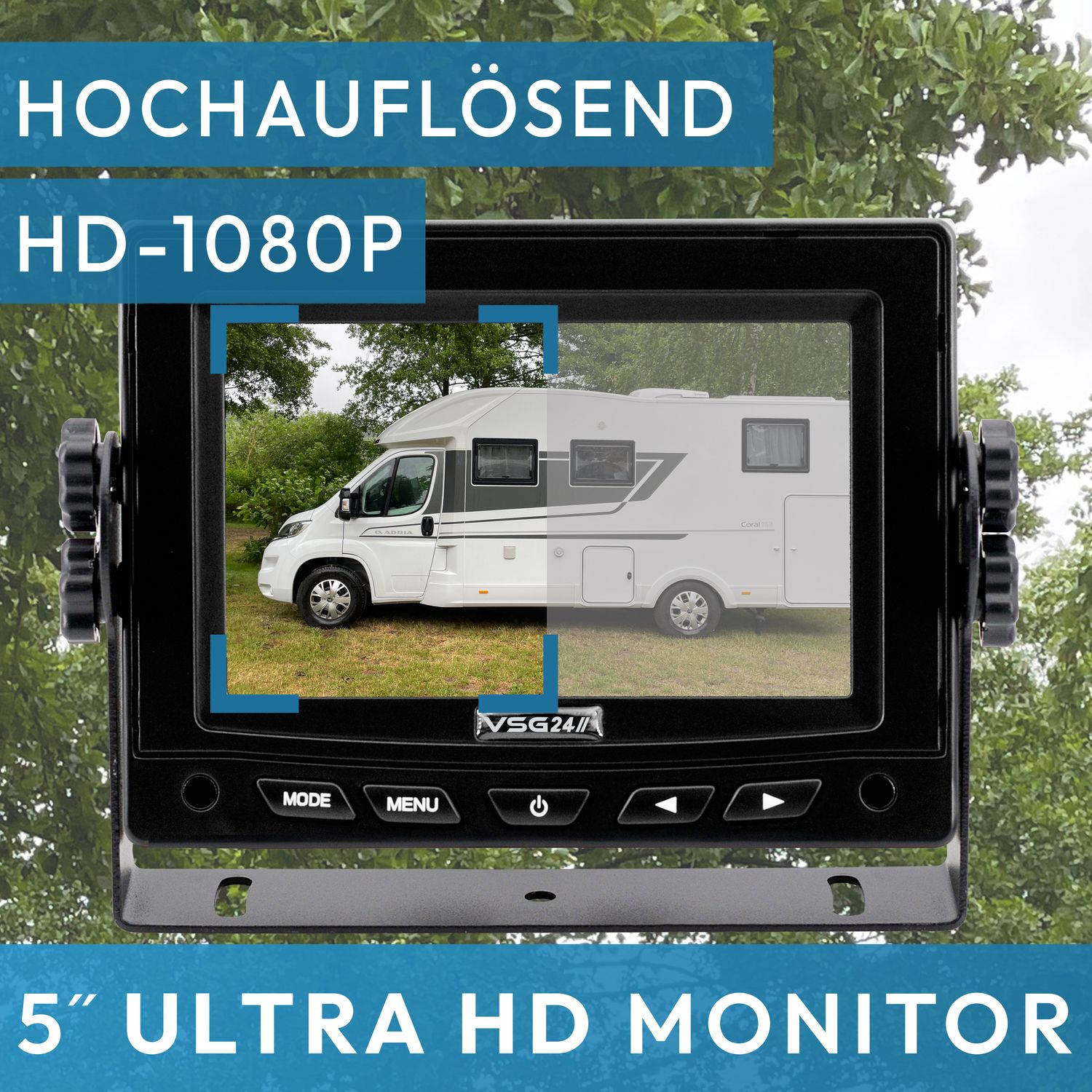Ein schwarzer Monitor zeigt ein weißes Wohnmobil auf einem grünen Feld, umrahmt von grünen Bäumen. Text HD-1080P.