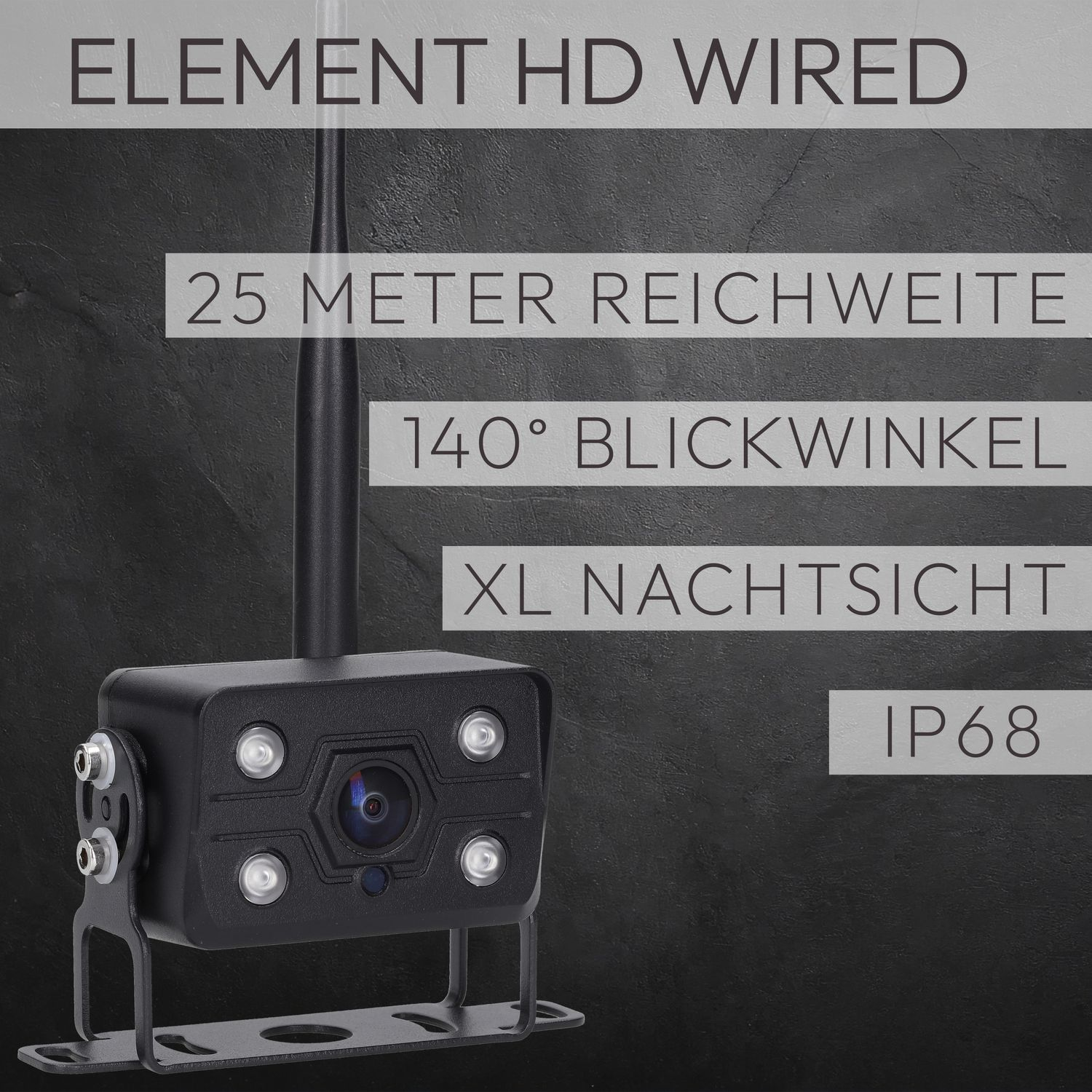 Schwarze Überwachungskamera, Text: Element HD Wired, IP68 bewertet.