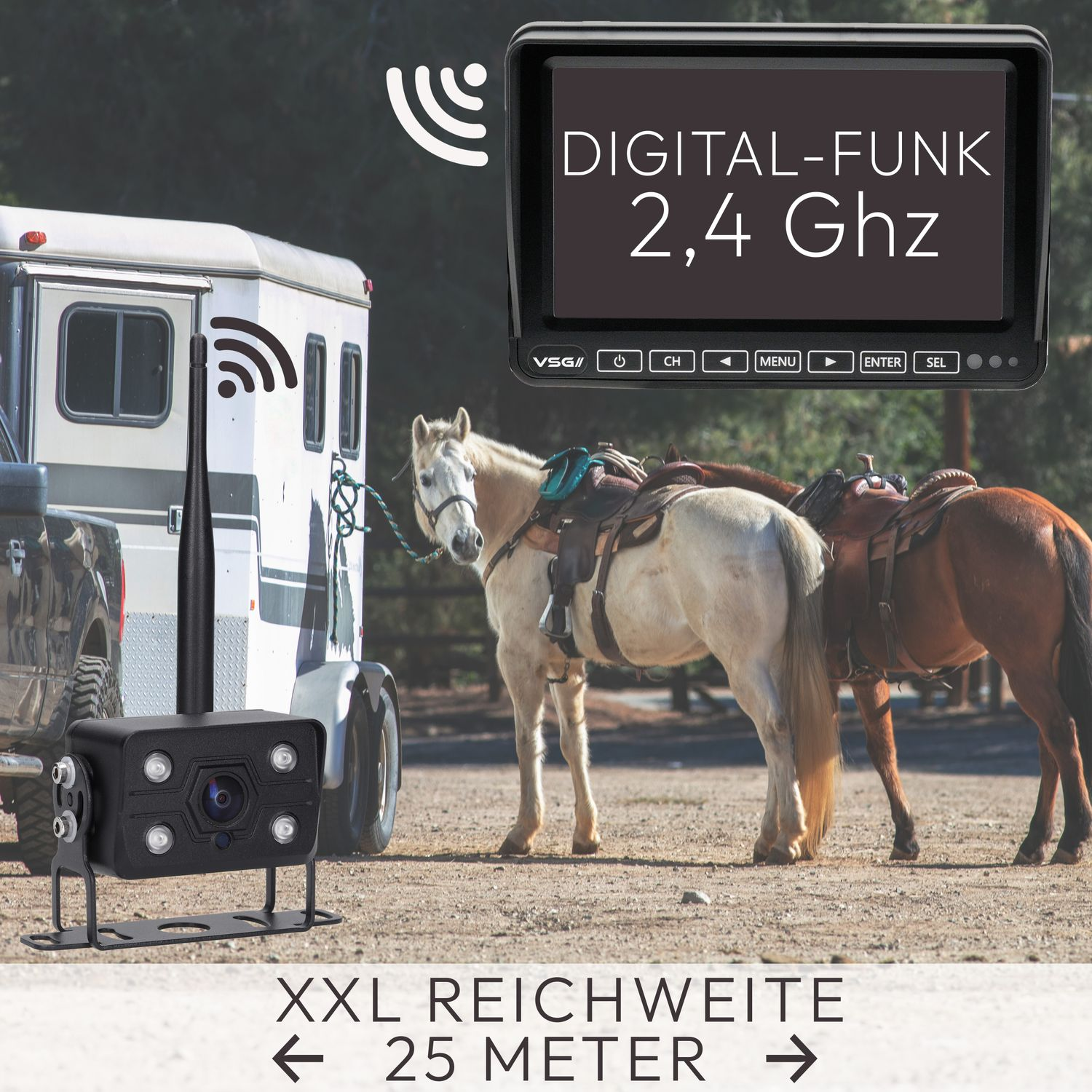 Rückfahrkamerasystem für einen Anhänger. Zeigt einen Monitor und einen LKW mit Pferden.