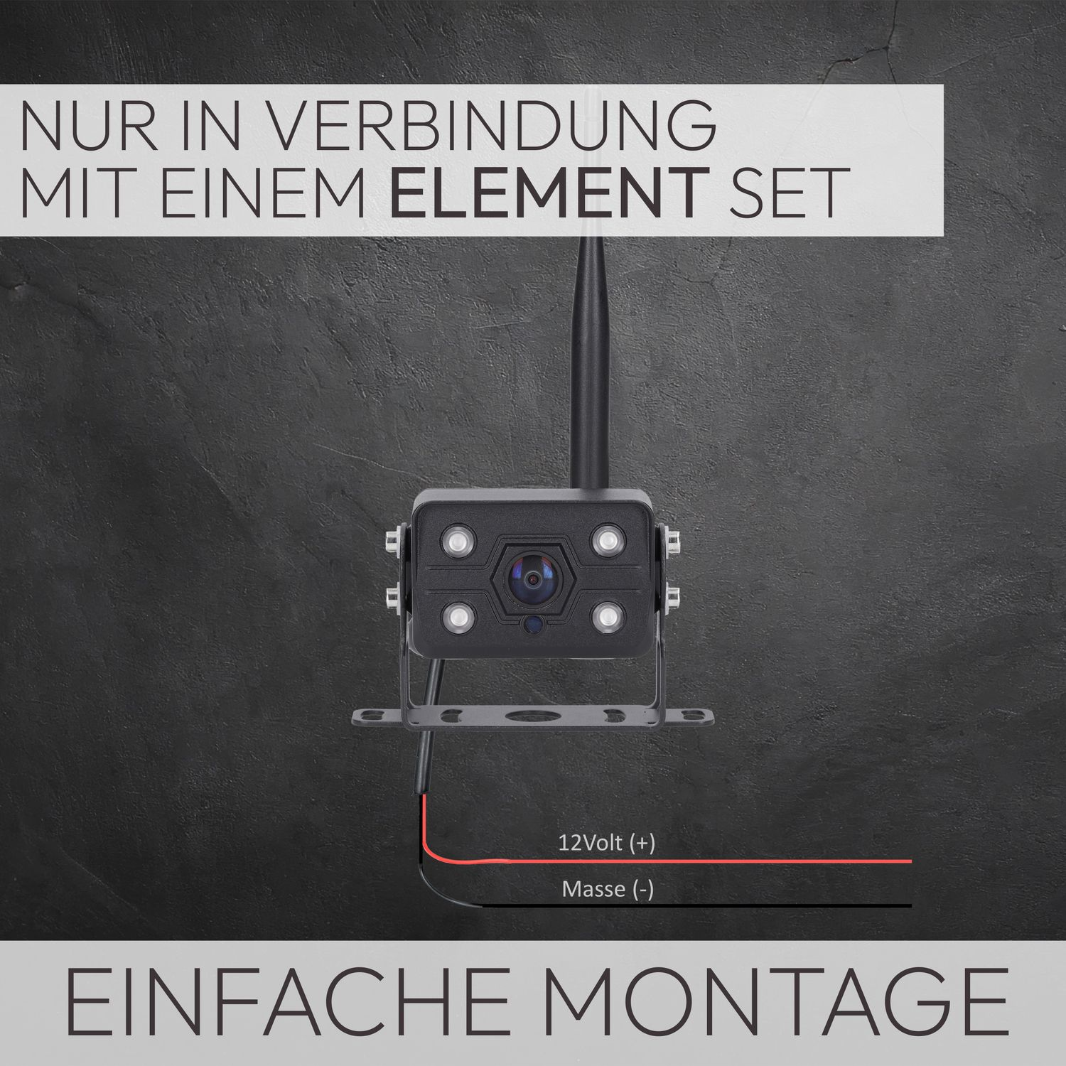 Eine schwarze Kamera mit Antenne. Drähte sind mit der Kamera verbunden. Text sagt 'Einfache Montage'.