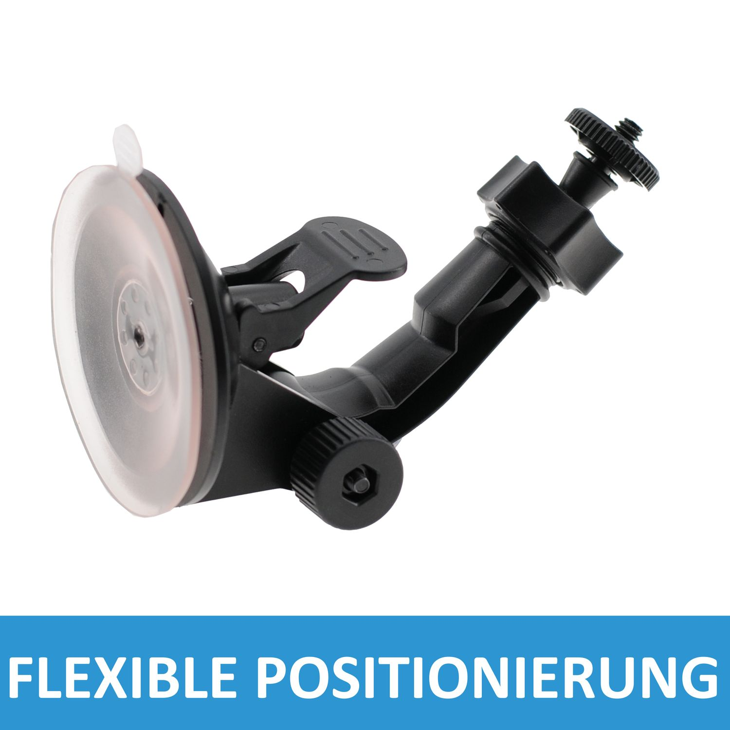 Schwarze Autohalterung mit Saugnapf und verstellbarem Arm, Text 'FLEXIBLE POSITIONIERUNG'.