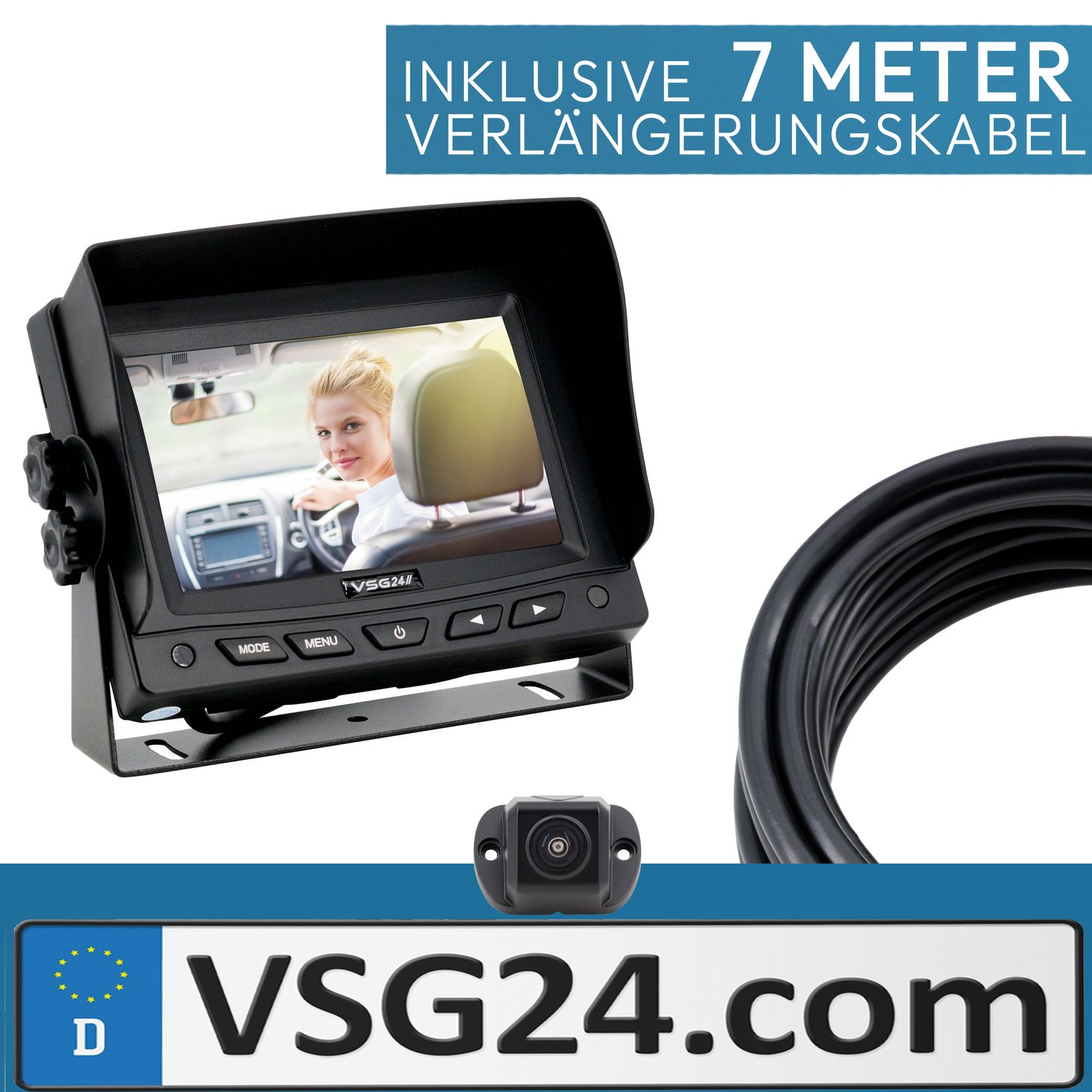 Ein Auto-Rückfahrkamera-Set mit Monitor, der eine Frau beim Fahren zeigt, und Kabel.
