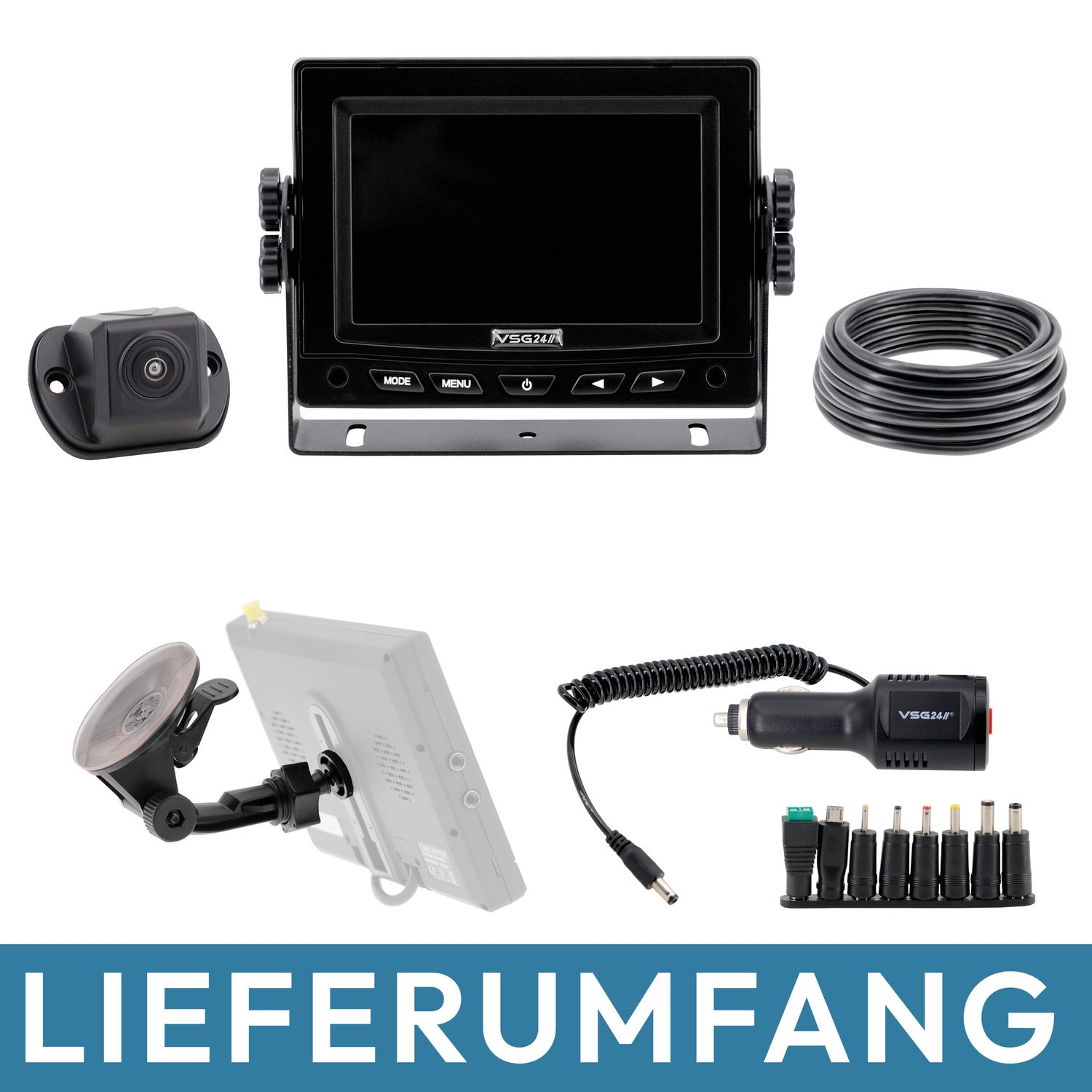 Mehrere Artikel: Kamera, Monitor, Halterung mit Saugnapf, Ladegerät und Kabel.