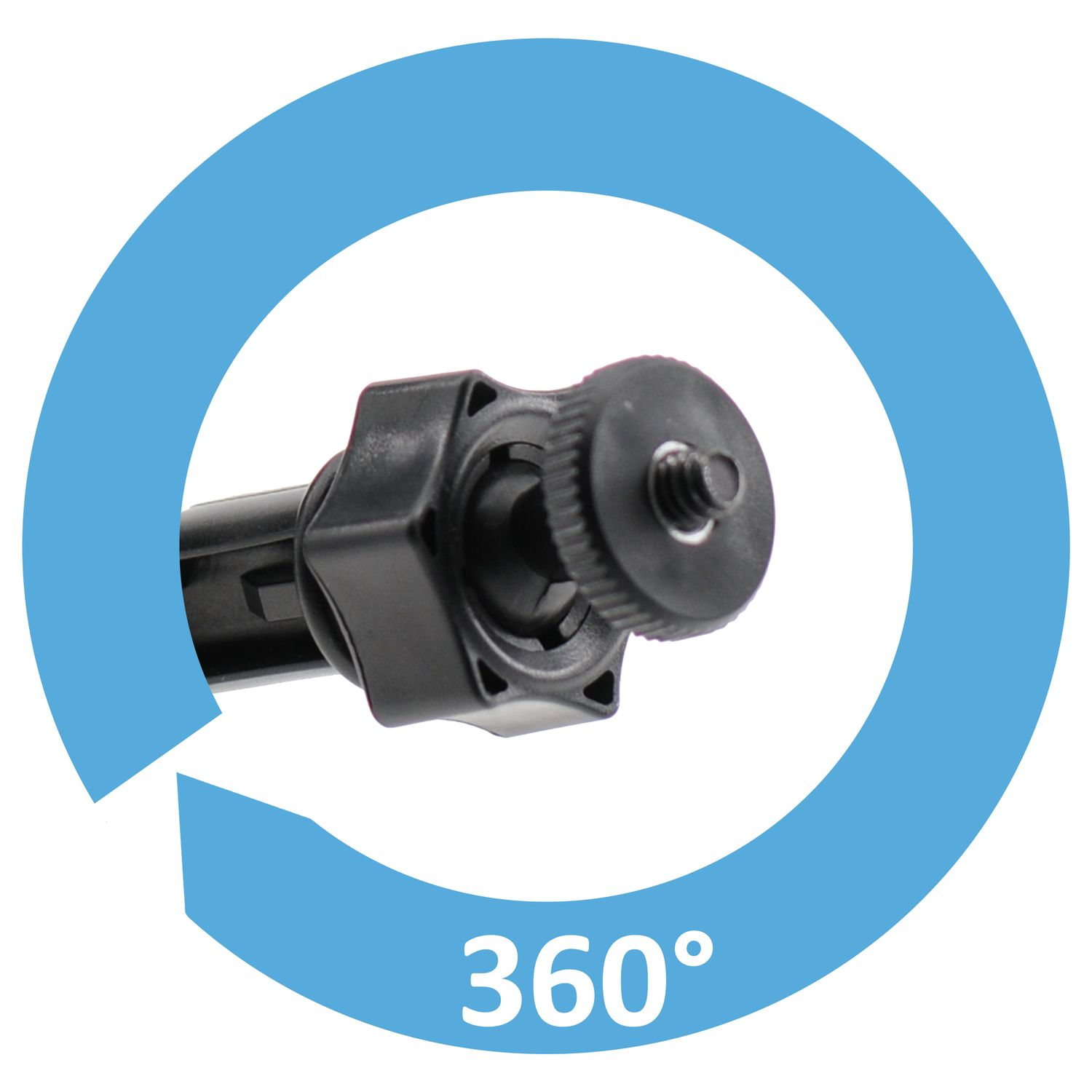 Schwarze und graue Kamerahalterung mit einer blauen 360-Grad-Grafik.