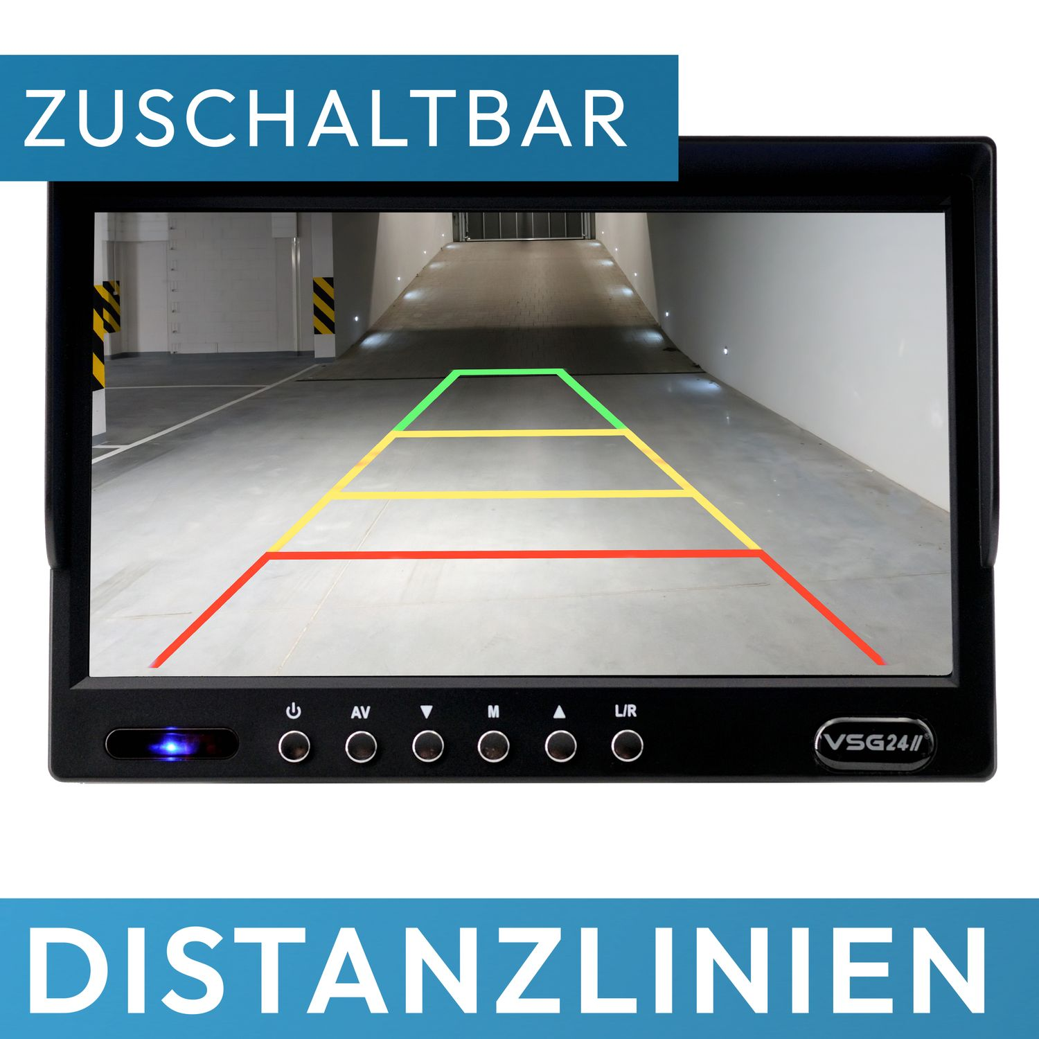 Schwarzer Bildschirm mit Parklinien. Text oben: 'ZUSCHALTBAR'. Text unten: 'DISTANZLINIEN'.