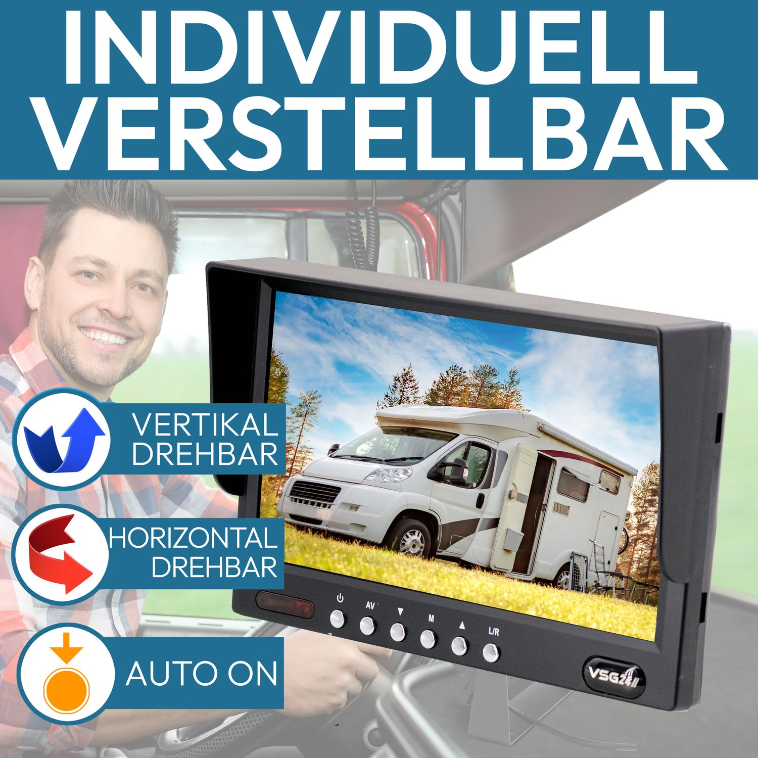 Ein Monitor mit Wohnmobil, mit einstellbaren Einstellungen und einem lächelnden Mann.