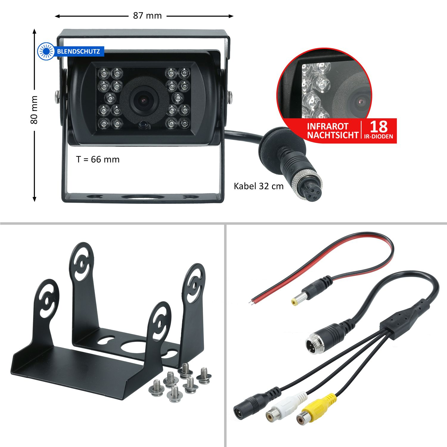 Schwarze Kamera mit Maßen und Kabel. Montagehalterungen und Kabelanschlüsse gezeigt. Weißer Hintergrund.