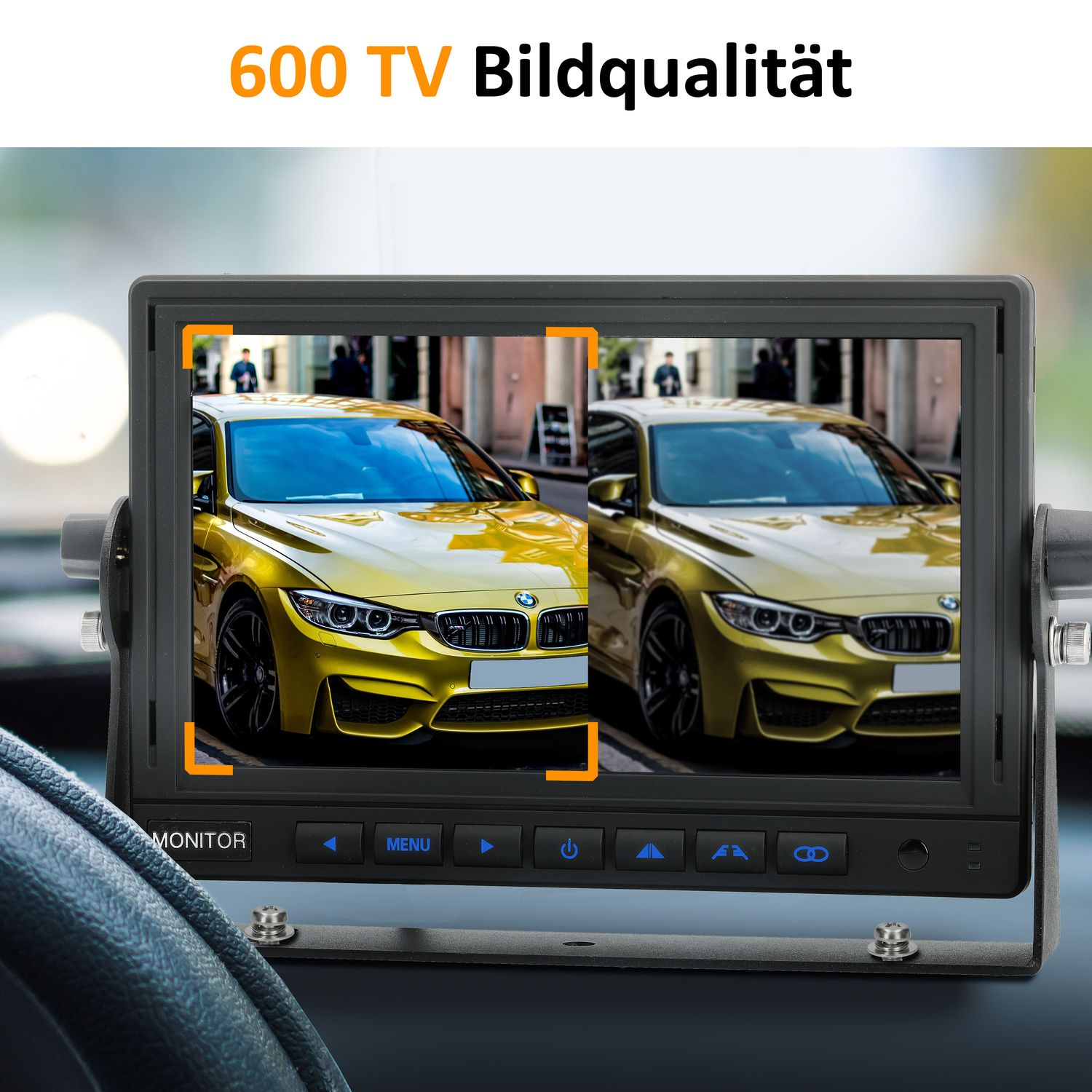Monitor mit Autobildern, mit einem gelben Auto im Vordergrund. Der Monitor hat Knöpfe und einen Rahmen.
