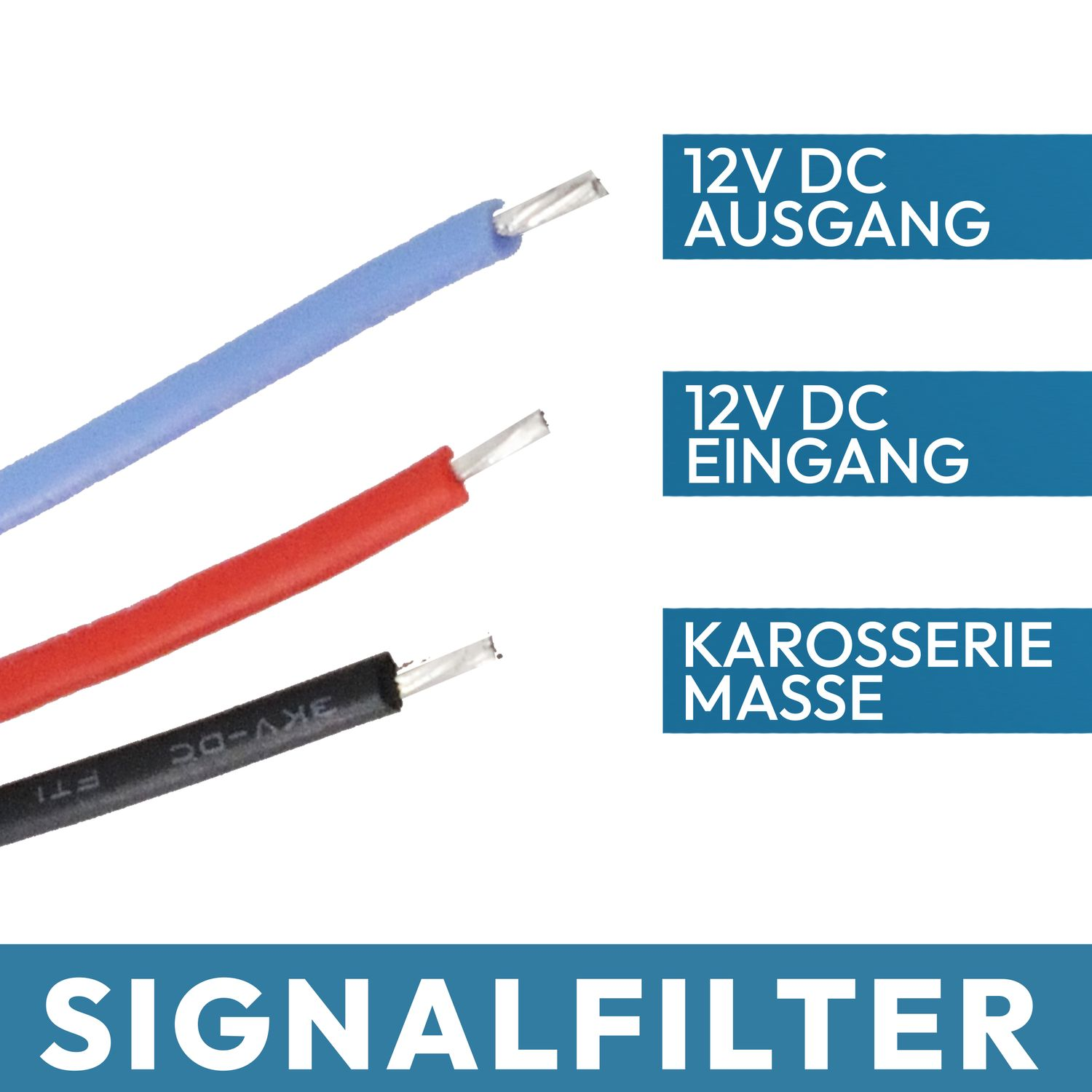 Drei Drähte: blau (12 V DC out), rot (12 V DC in) und schwarz (Karosserie Masse). Text: Signalfilter.