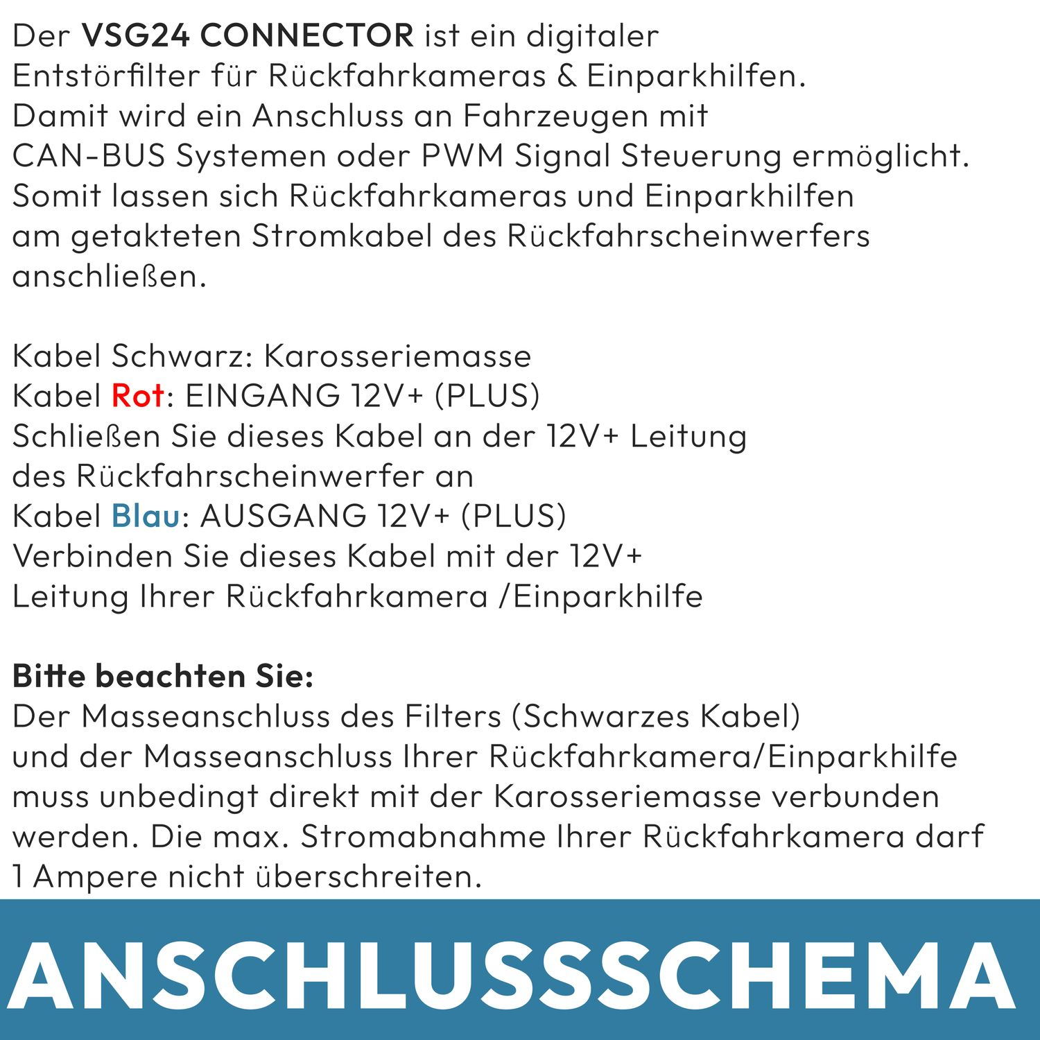 Diagrammtext auf Deutsch mit Anweisungen zum Anschließen eines VSG24-Anschlusses für ein Rückfahrkamerasystem.