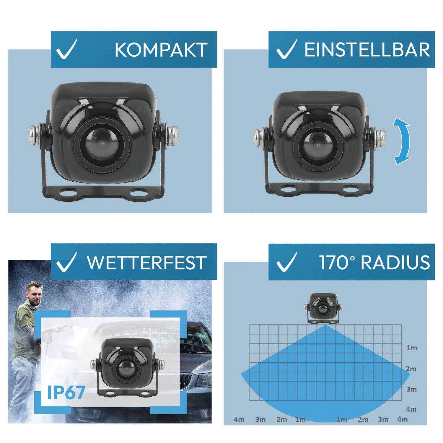 Vier Bilder, die eine Autokamera mit Merkmalen wie kompakt, einstellbar und wasserdicht zeigen.