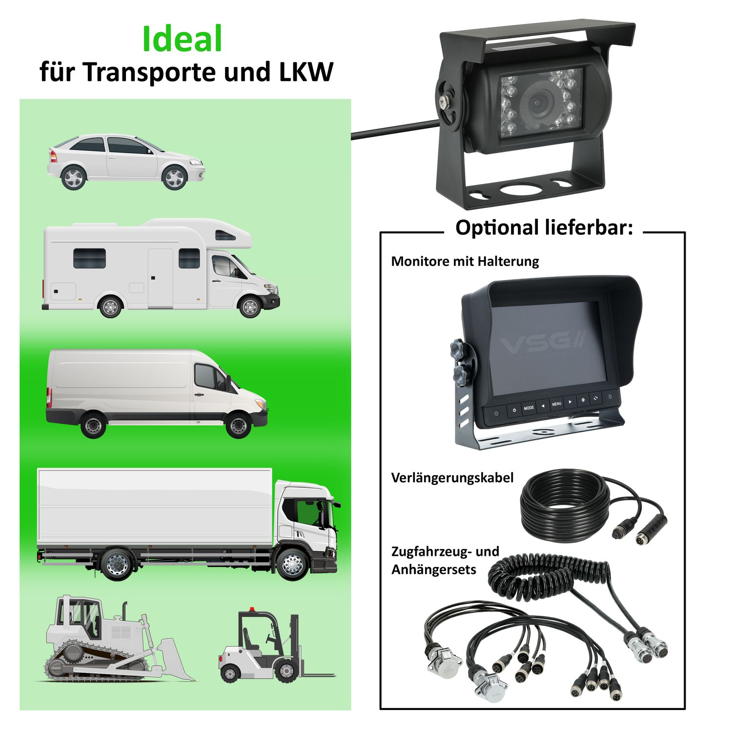 Das Bild zeigt Fahrzeuge mit Kamera- und Monitoraufbau. Beinhaltet Autos, Lastwagen und andere Fahrzeuge.