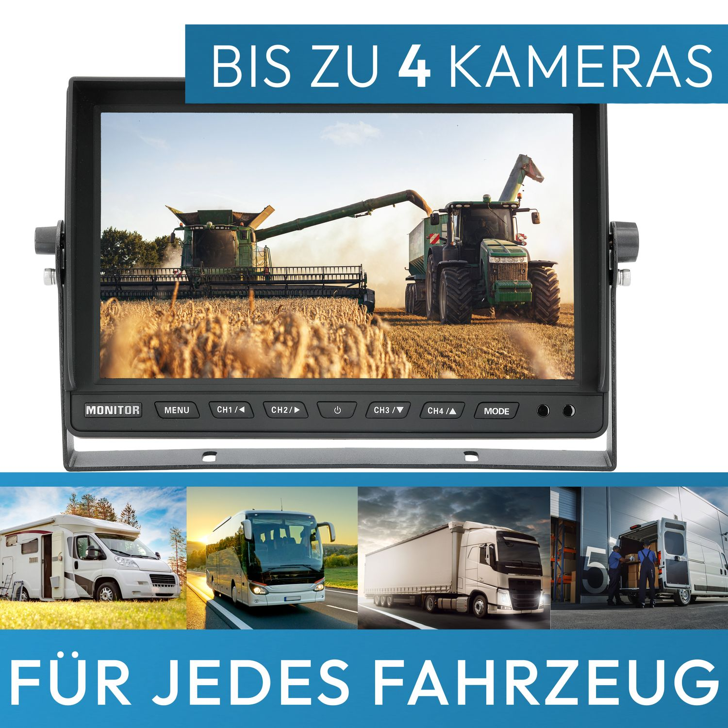 Ein Monitor, der eine Fahrzeugszene zeigt. Text auf dem Monitor besagt, dass er bis zu 4 Kameras unterstützt. Text darunter.