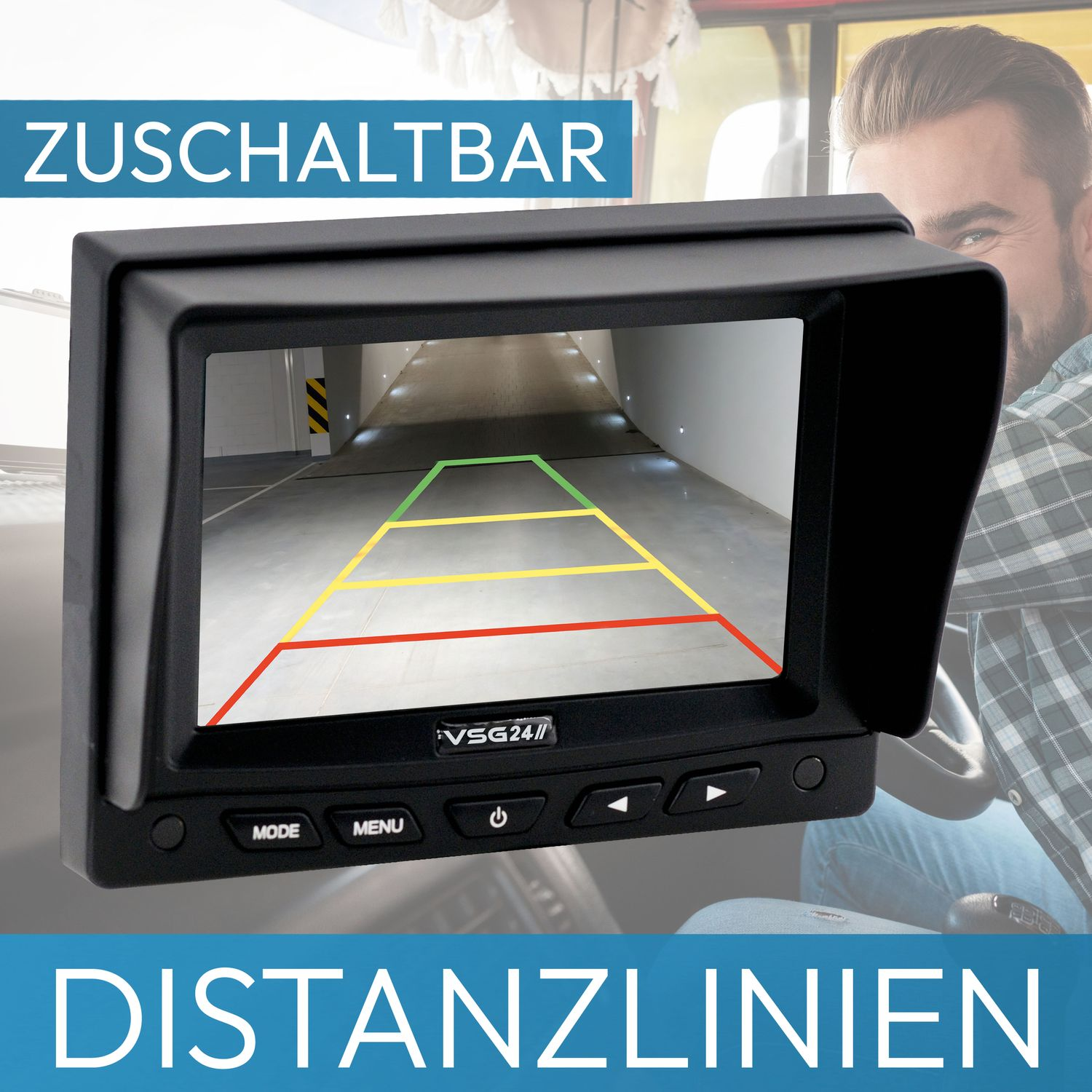 Eine Digitalkamera zeigt eine Parkplatzszene auf ihrem Bildschirm mit Text unten.