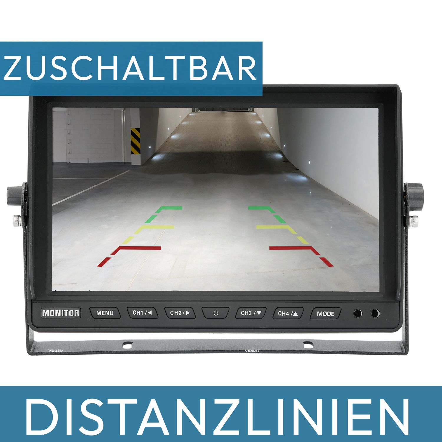 Ein Rückfahrkamera-Monitor, der eine Parkplatzszene mit Distanzlinien und Text zeigt.