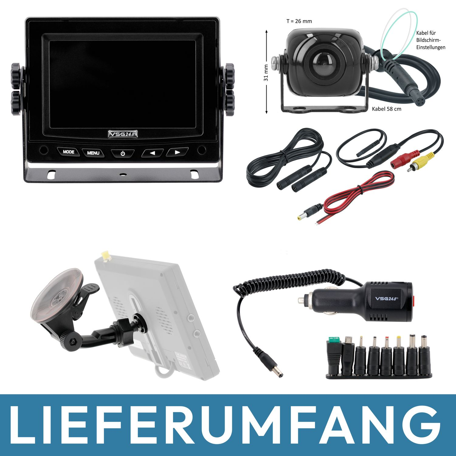 Verschiedenes Autozubehör: Bildschirm, Kamera, Kabel, Saughalterung und Ladegerät.