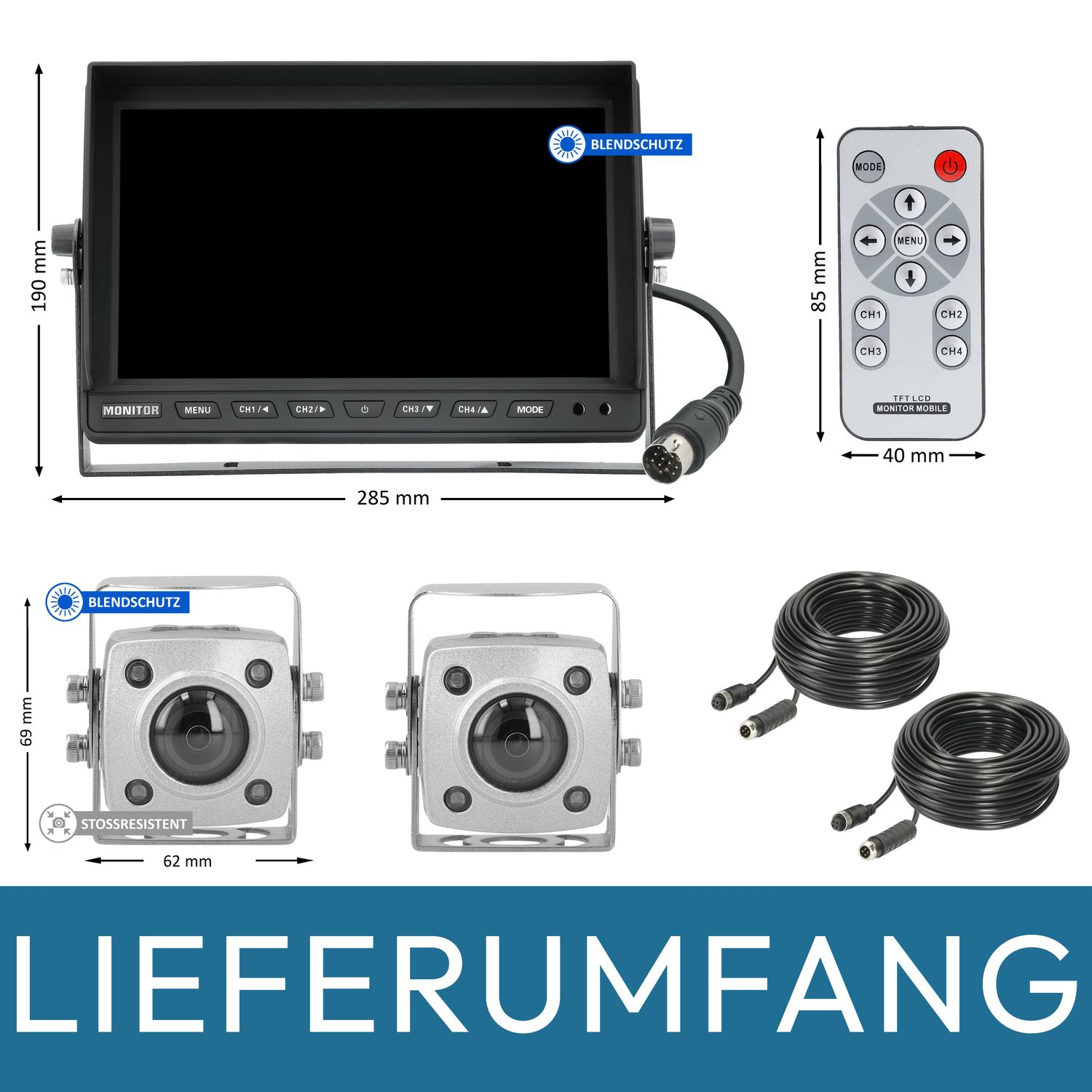 Ein Monitor, zwei Kameras und eine Fernbedienung, mit Maßen, vor weißem Hintergrund.